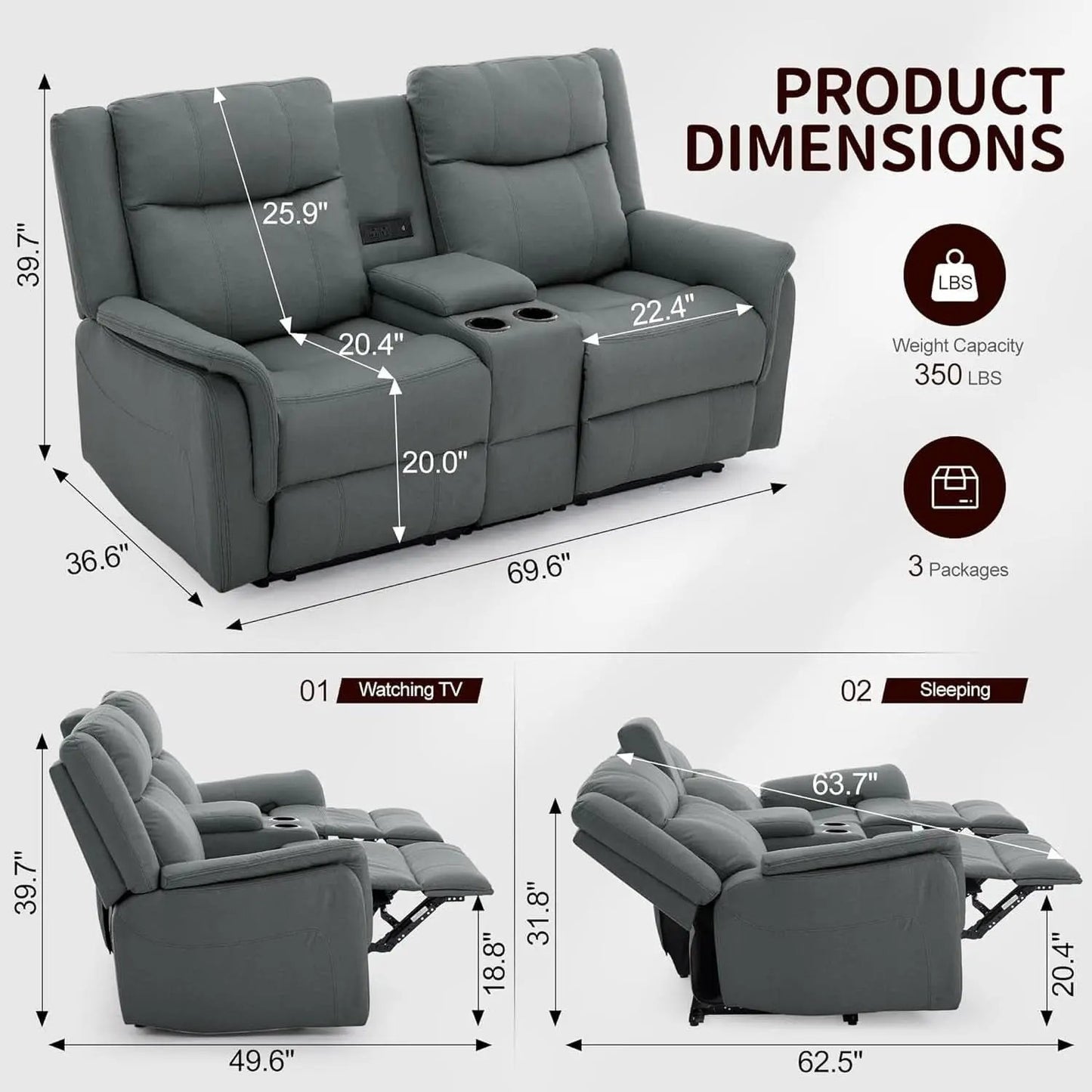 Two Seater Recliner Sofa With USB Charging Port And Cup Holders from PriceLows™