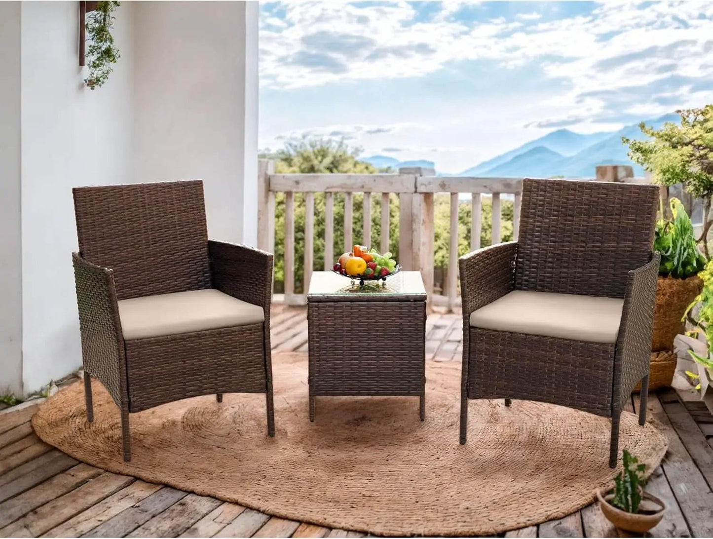 Patio Set 3 Piece All Weather Rattan Glass Table Brown from PriceLows™