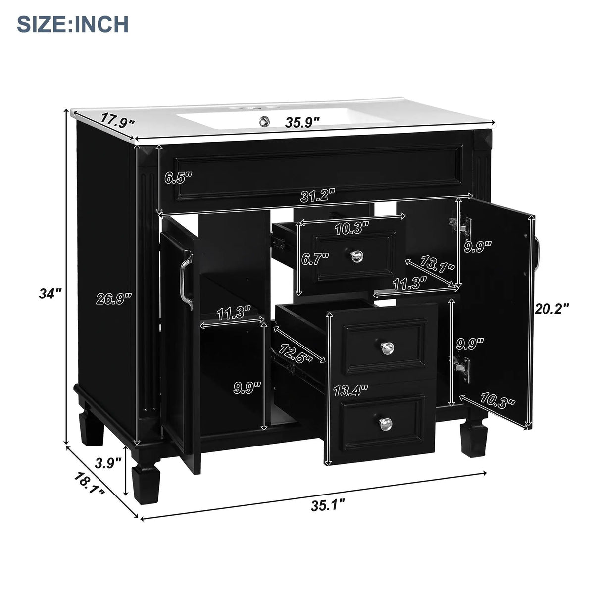 36 Inch Bathroom Vanity With Top Sink | Basin On Cabinet | 2 Soft Closing Doors | 2 Drawers