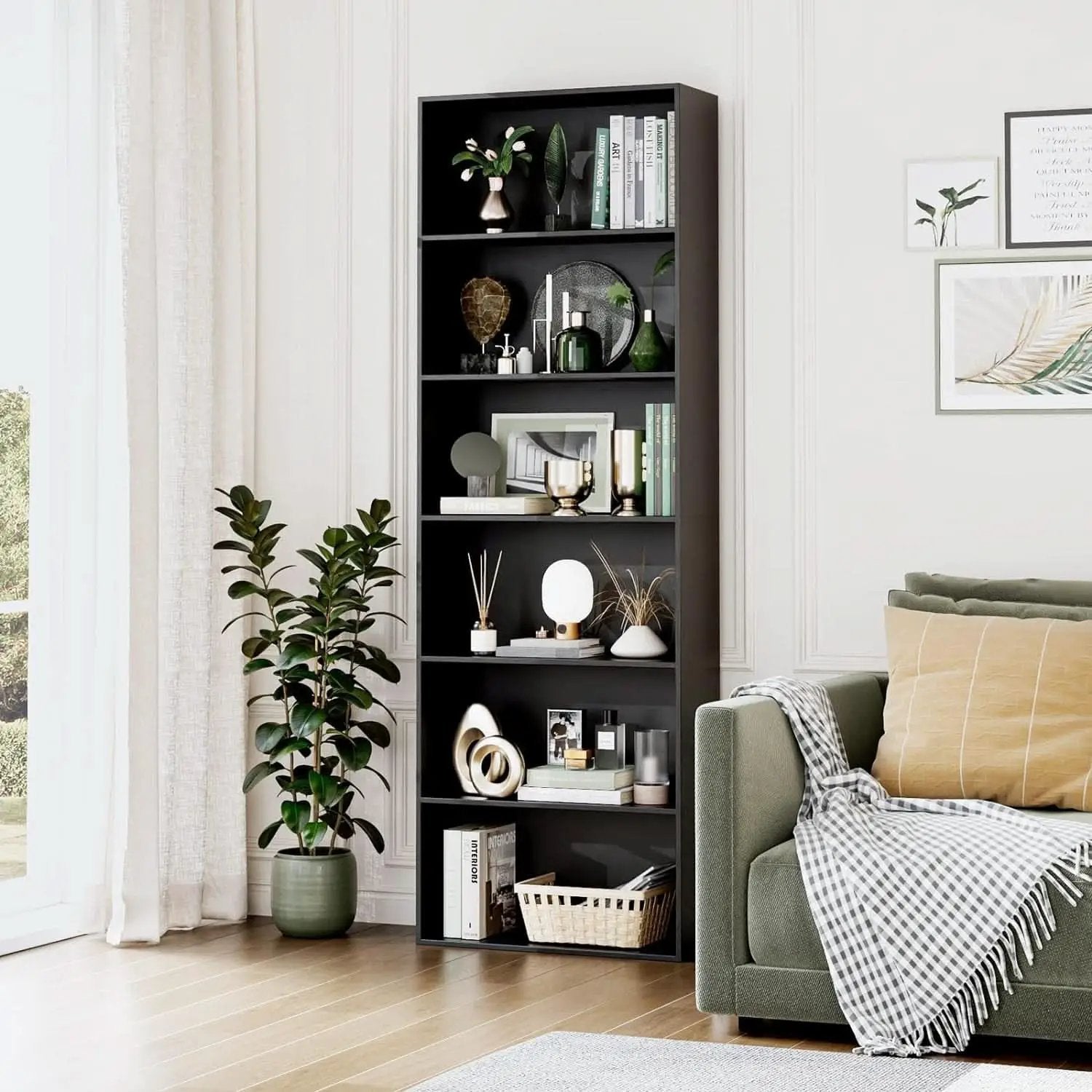 Six Tier Open Bookcase Tall Freestanding Shelving Black from PriceLows™