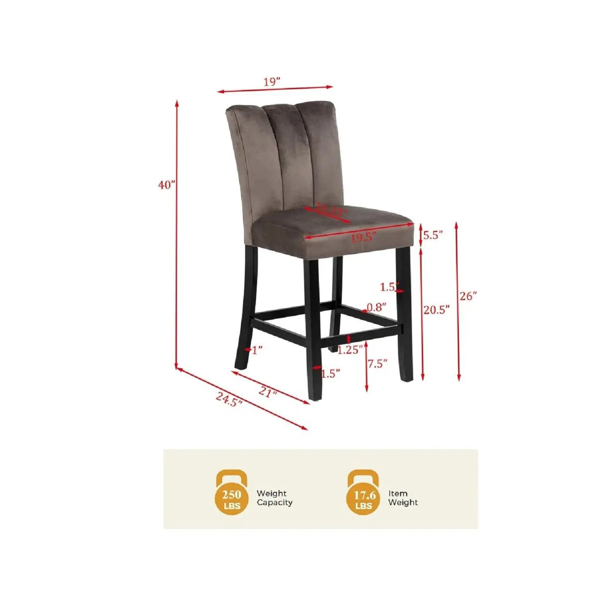 Upholstered Counter Height Chair | Velvet Cushion | Set Of 2 | Brown