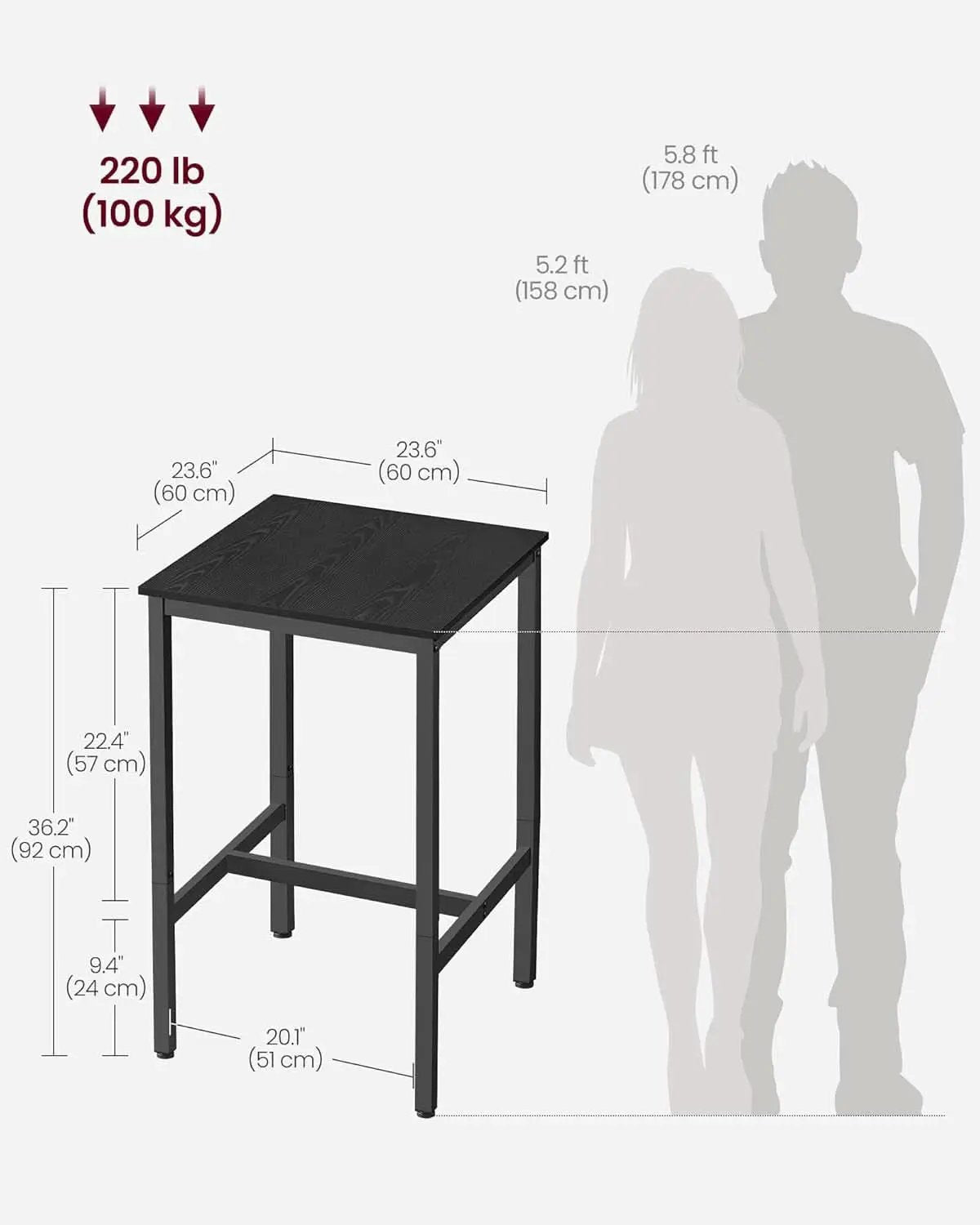Bar Table 23.6Inch Ebony Black Industrial Grade Durable from PriceLows™