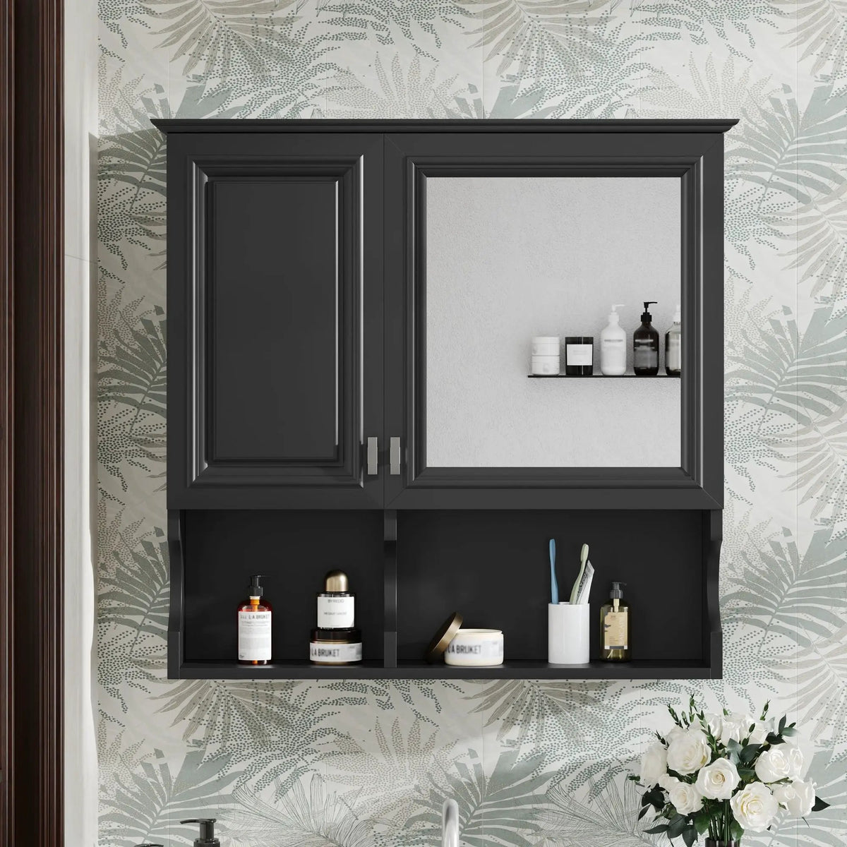 Wall Mounted Mirror Medicine Cabinet | 30 Inch Width | Doors And Open Shelves | Adjustable Shelf