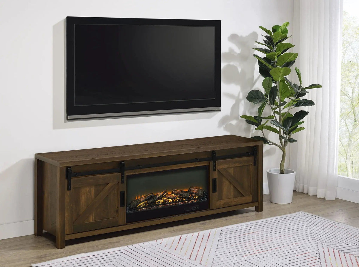 Enfield 71-inch TV Stand Fireplace Media Console Dark Pine | 70.75 x 15.5 x 23.5 in | Metal | Living Room