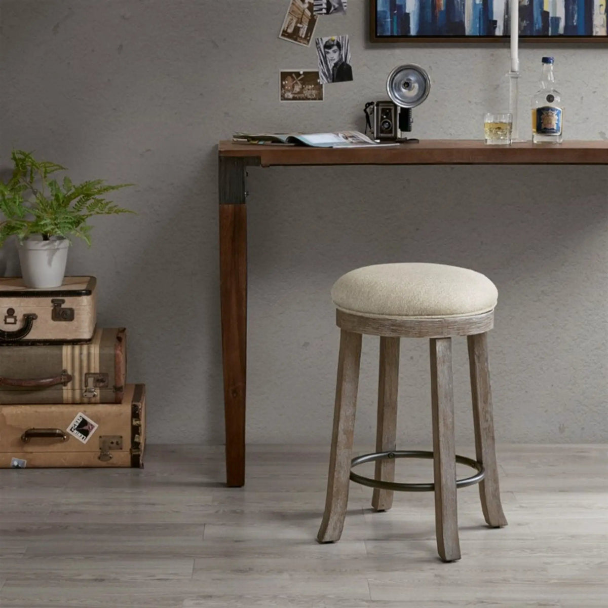 Swivel Counter Stool | Cream And Reclaimed Gray | Distressed Frame | Dark Bronze Kick Plate