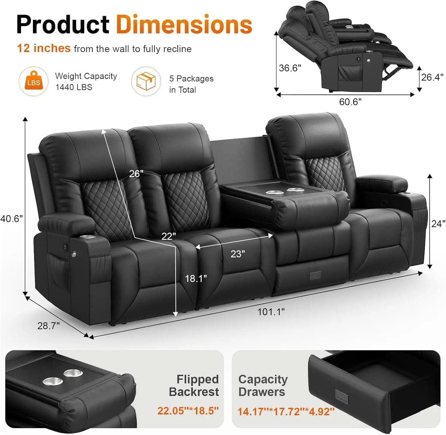 Black PU Leather Four Seater Recliner With USB Ports from PriceLows™