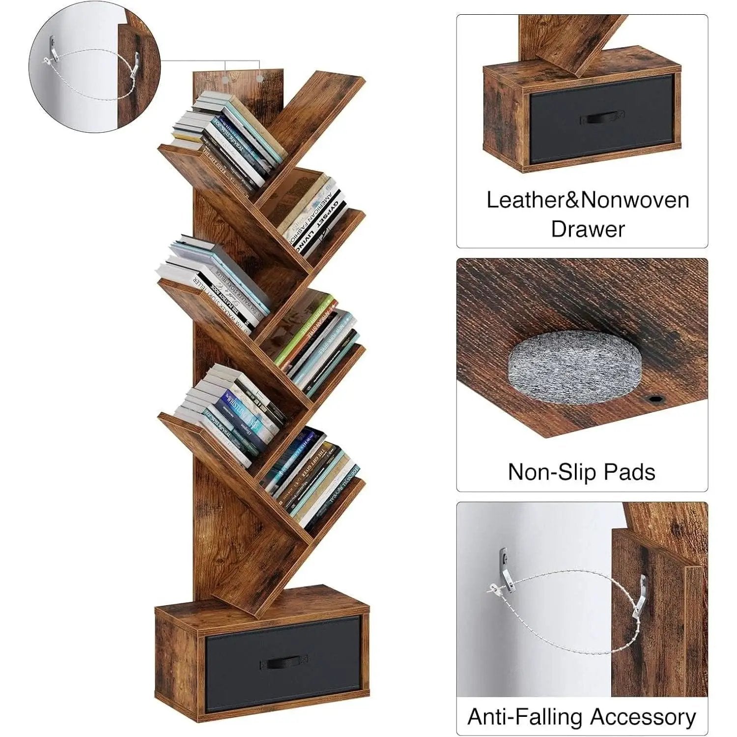 Rustic Brown 7 Shelf Tree Bookshelf With Drawer Living Room from PriceLows™
