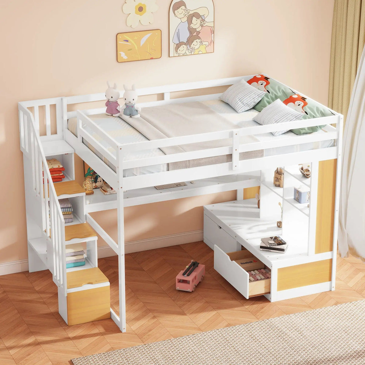Full Size Loft Bed | Desk Shelves Drawers | Storage Staircase | Natural White