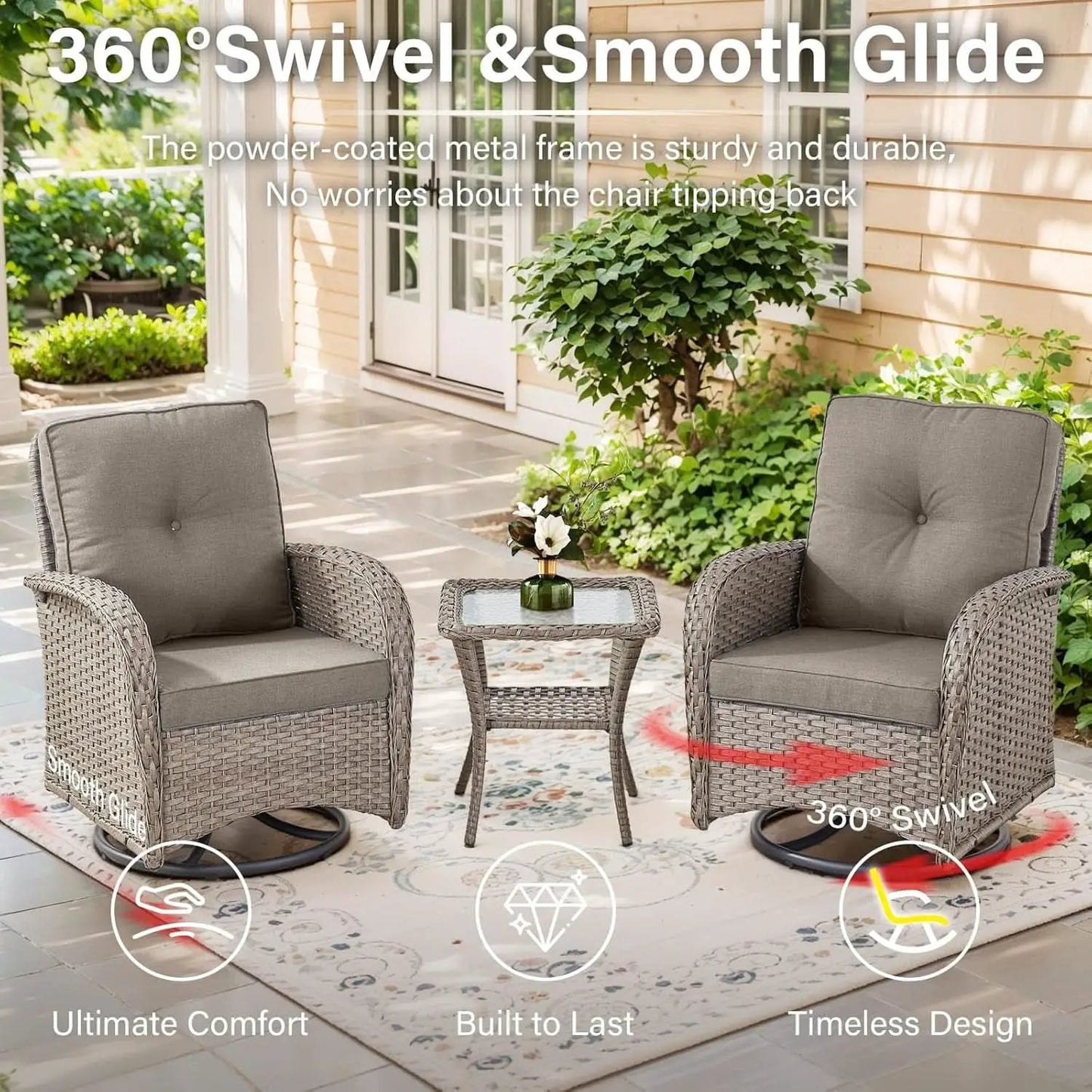 5 Piece Outdoor Patio Set Gray Wicker Swivel Rockers from PriceLows™
