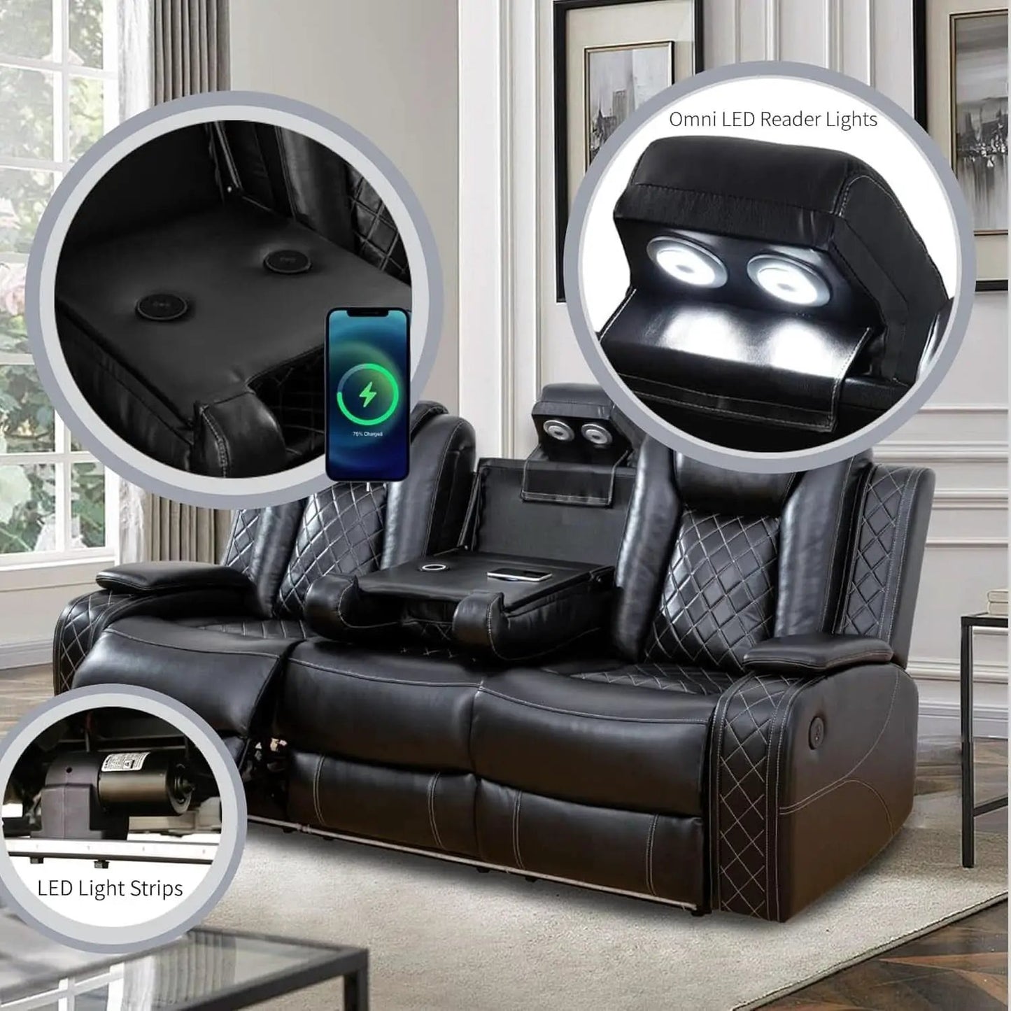 Power Recliner Set With LED Lights And Wireless Charger USB Port from PriceLows™