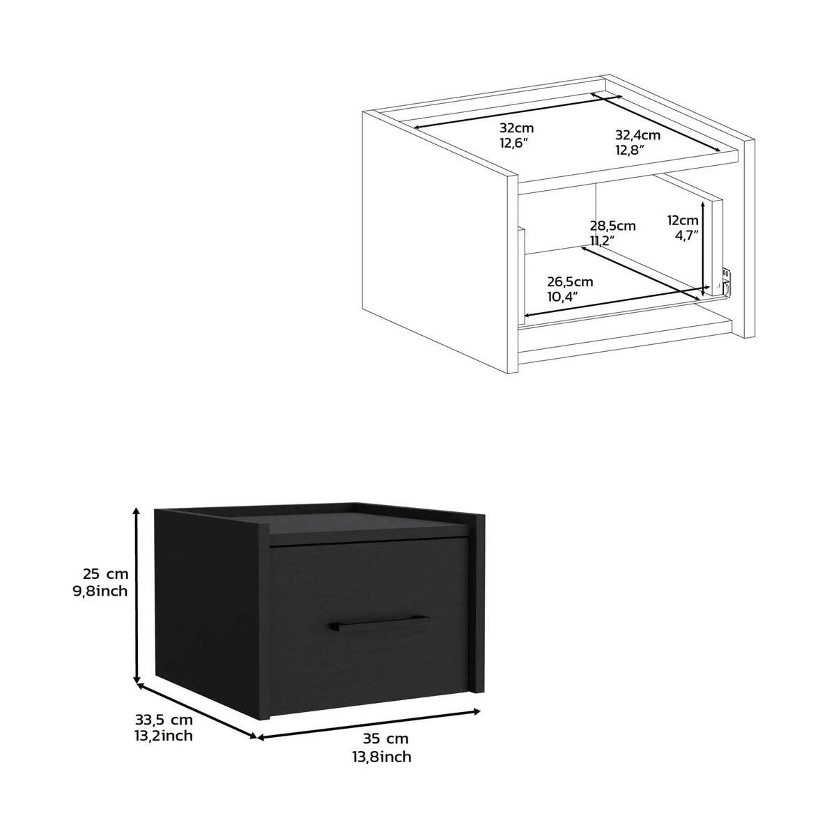 Floating Nightstand, Space Saving Design With Handy Drawer And Surface - | 13.2 x 13.8 x 9.8 in | Wood | Black