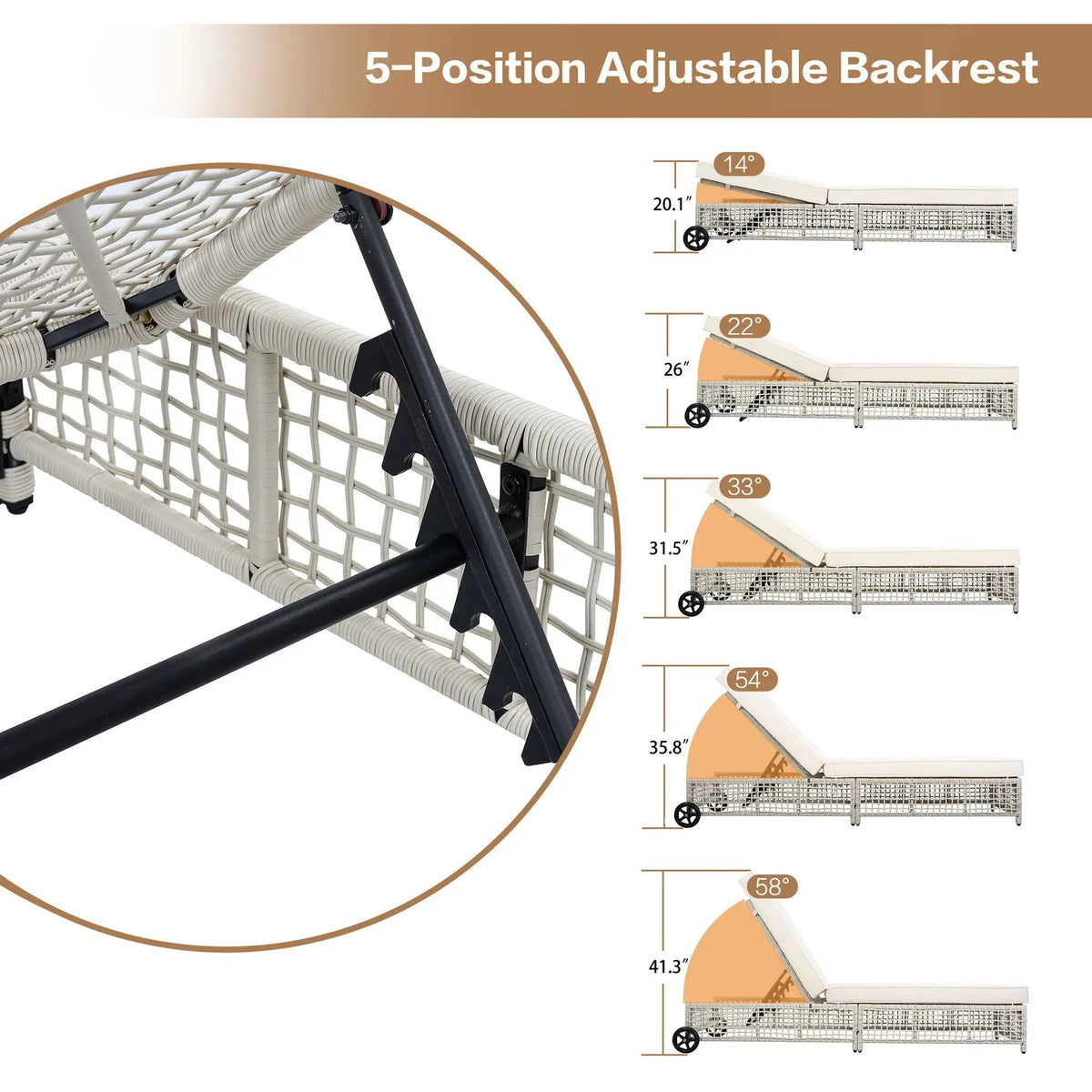 Outdoor Lounge Chair | 5 Position Reclining | Portable Wheels