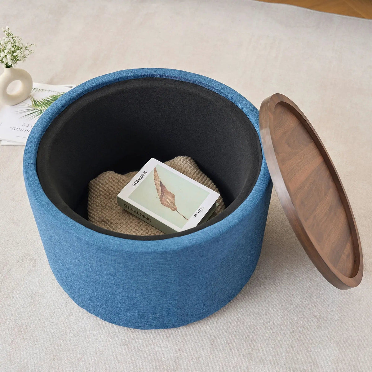 Nesting Ottomans, Round Coffee Table & Bench With Tray (Set of 2) | 4 Piece Living Room Set | Fabric & Wood | Living Room