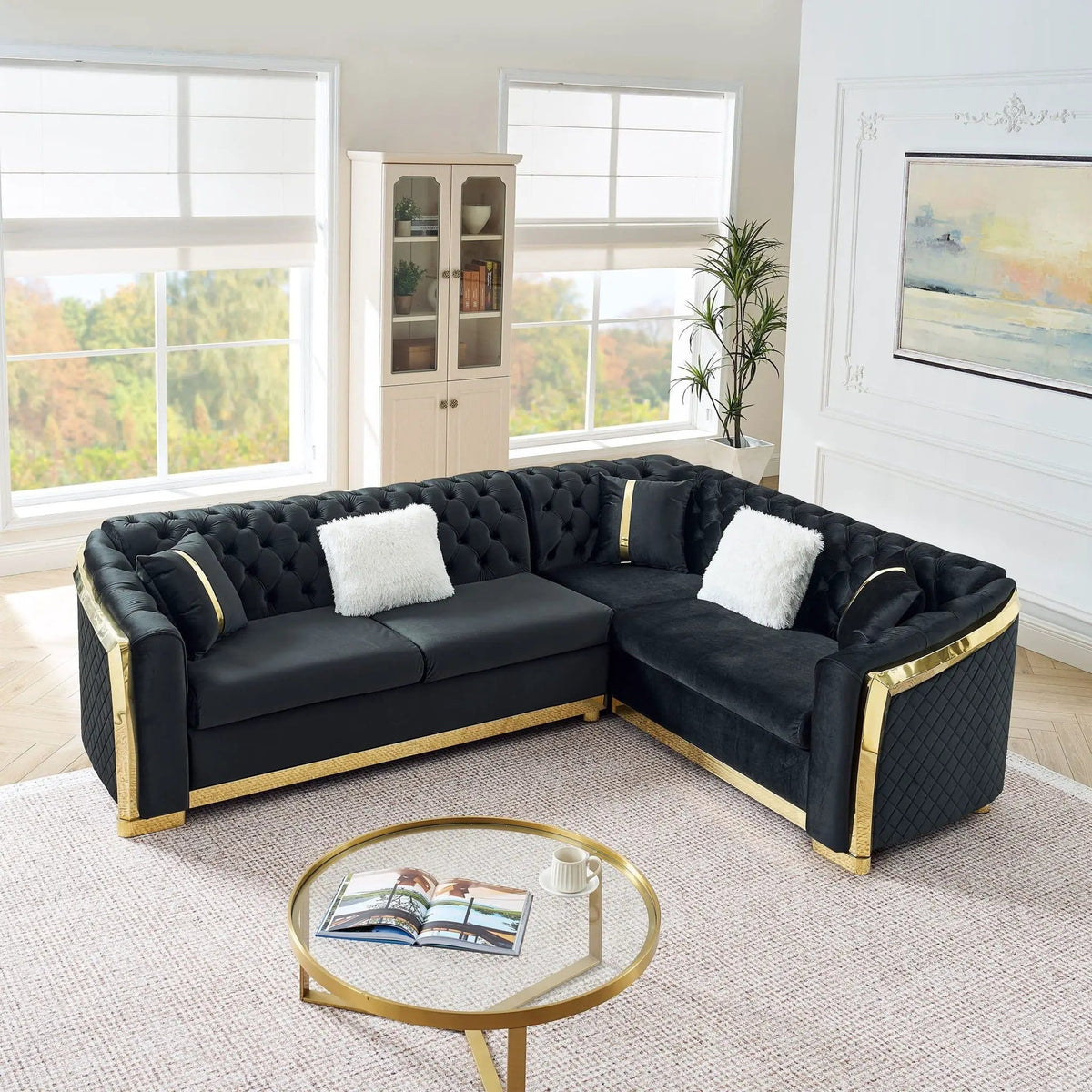 L Shaped Chesterfield Sectional Sofa With Stainless Steel Accents | 105.52 x 84.25 x 32.28 in | Stainless Steel | Living Room