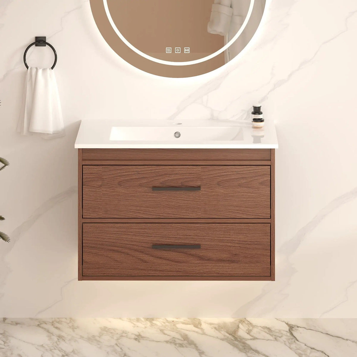 Wall Mounting Bathroom Vanity With Soft Close 2 Drawer, Sink Reddish | Vanity | Ceramic & Mdf | Brown