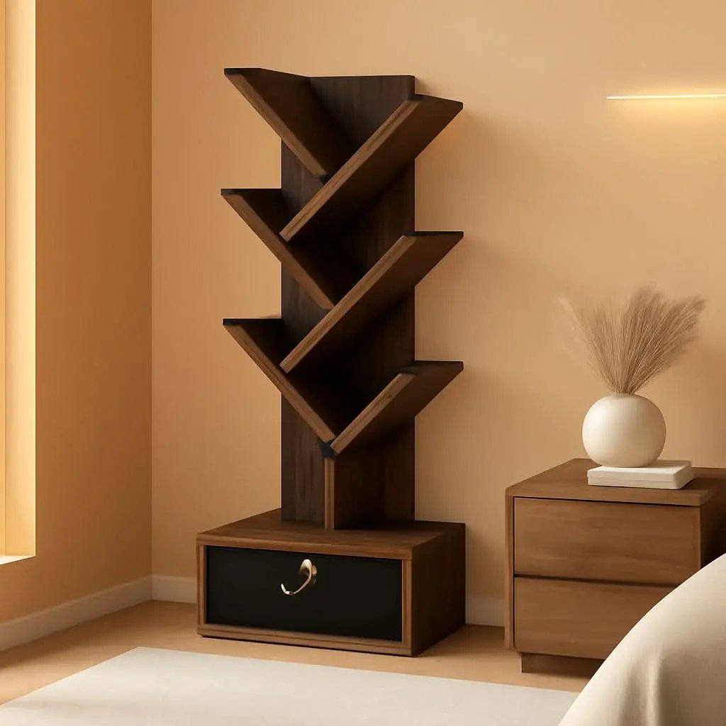 Tree Bookshelf 7 Tier Floor Standing Bookcase Amber Pine Black from PriceLows™