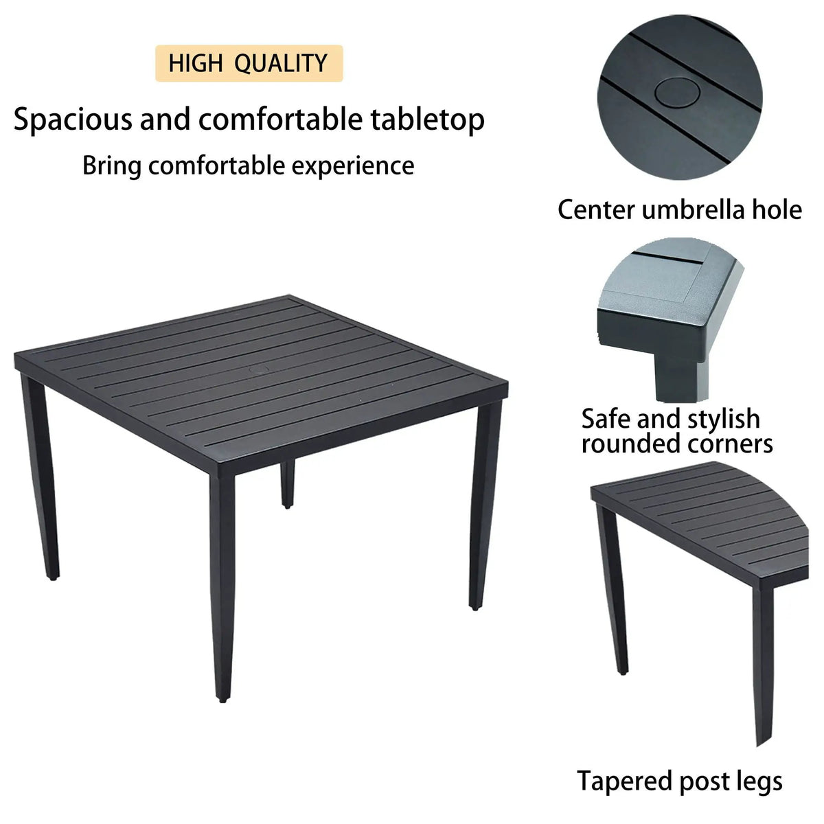 Outdoor Dining Table | Aluminum Frame | Tapered Legs | Umbrella Hole