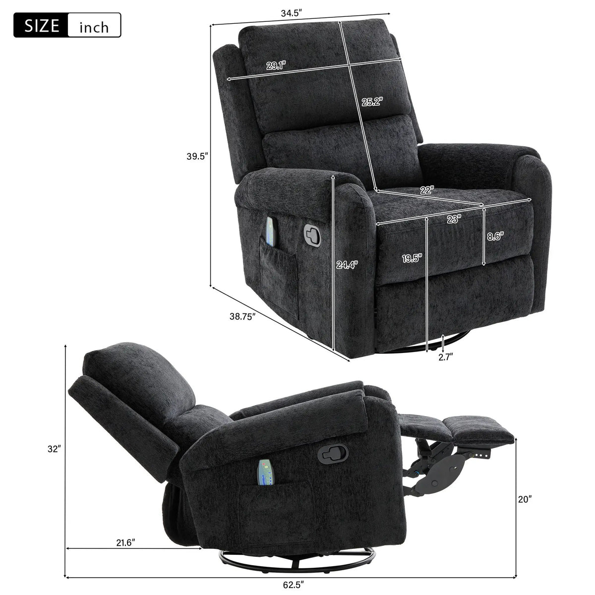 Manual Massage Recliner | Swivel Rocker | 8 Massage Modes | Side Storage Pocket