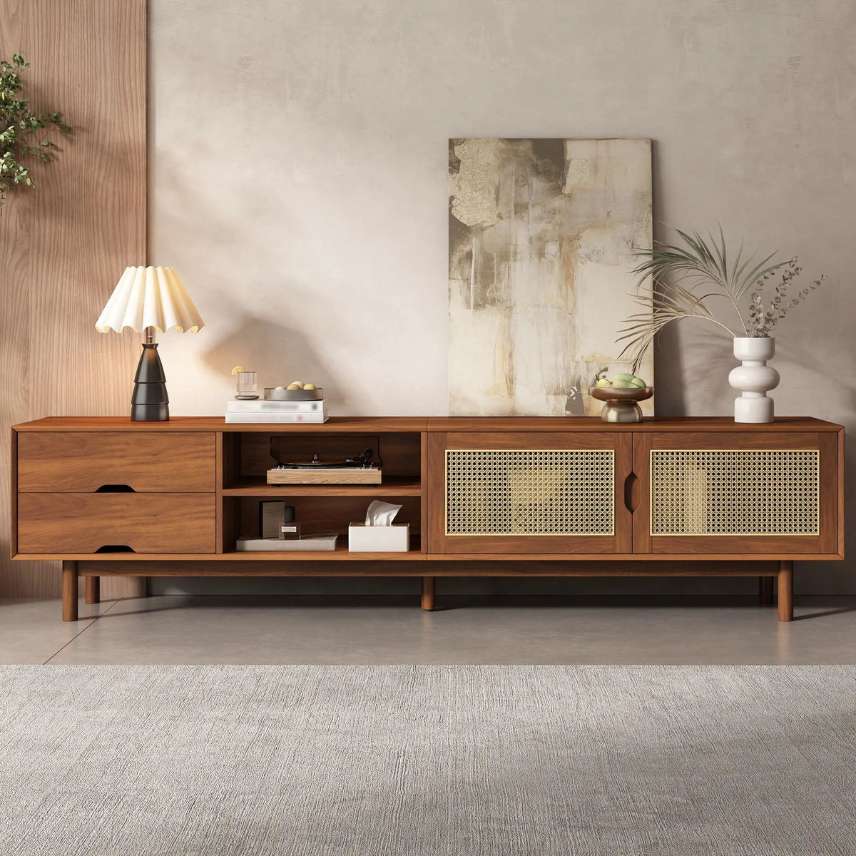 85 Inch TV Stand | Media Console With 2 Drawers | Woven Rattan Panels | Walnut