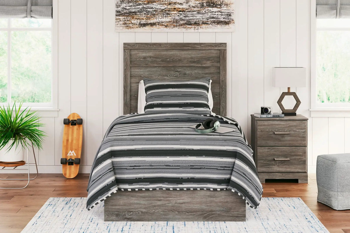 Ralinksi Panel Bed | Rustic Warm Gray Finish | Replicated Oak Grain | Pewter Handles