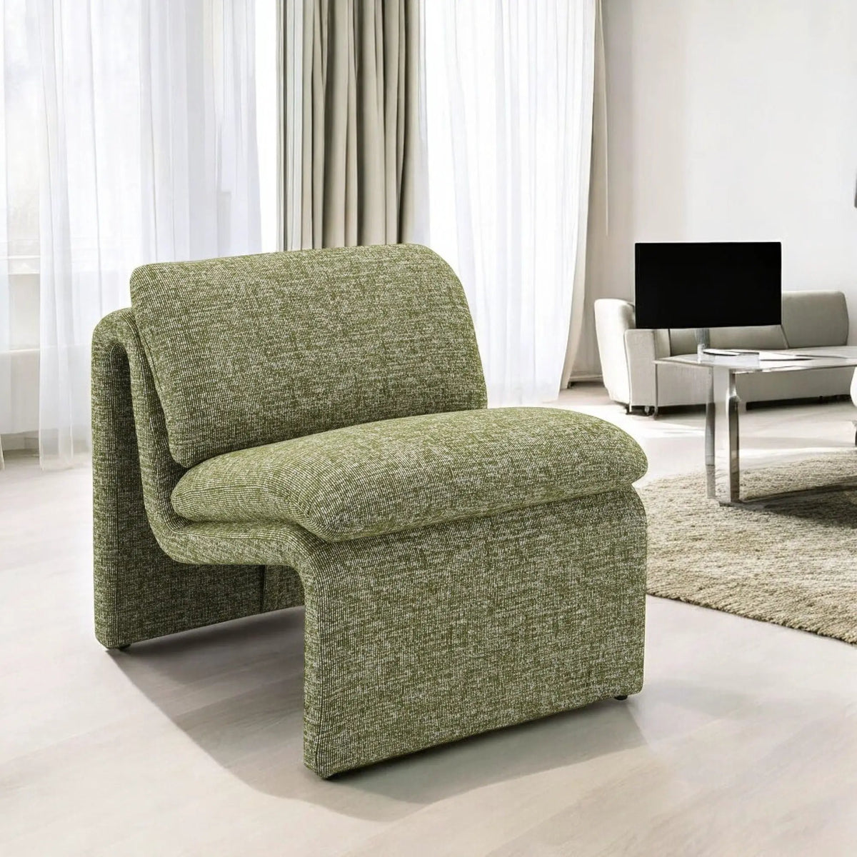 Jaeda Curved Accent Chair | Premium Fabric | Full Foam Cushions | Wooden Inner Frame