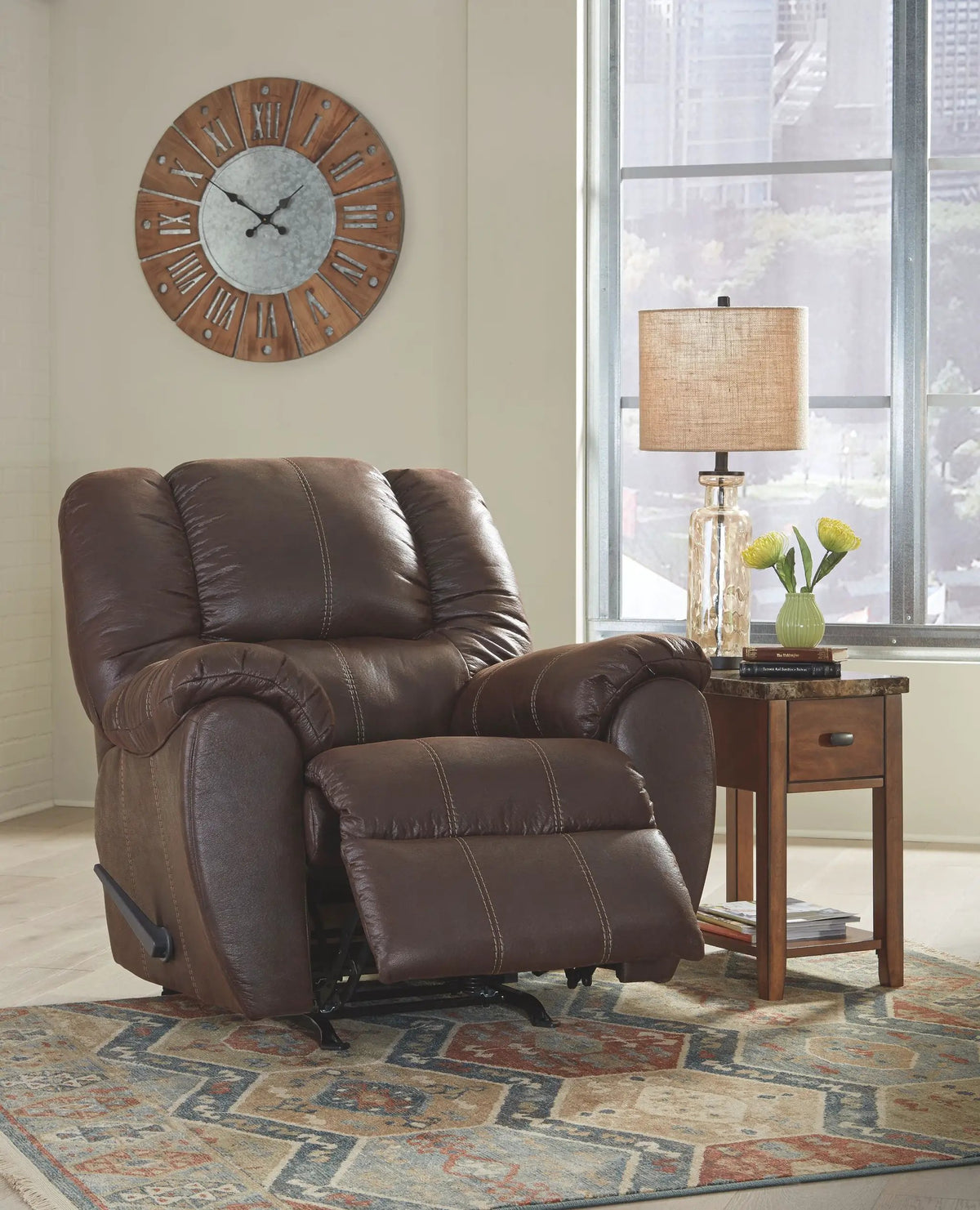 McGann Rocker Recliner | Leather Look Fabric Feel | Jumbo Stitching | Thick Cushioning