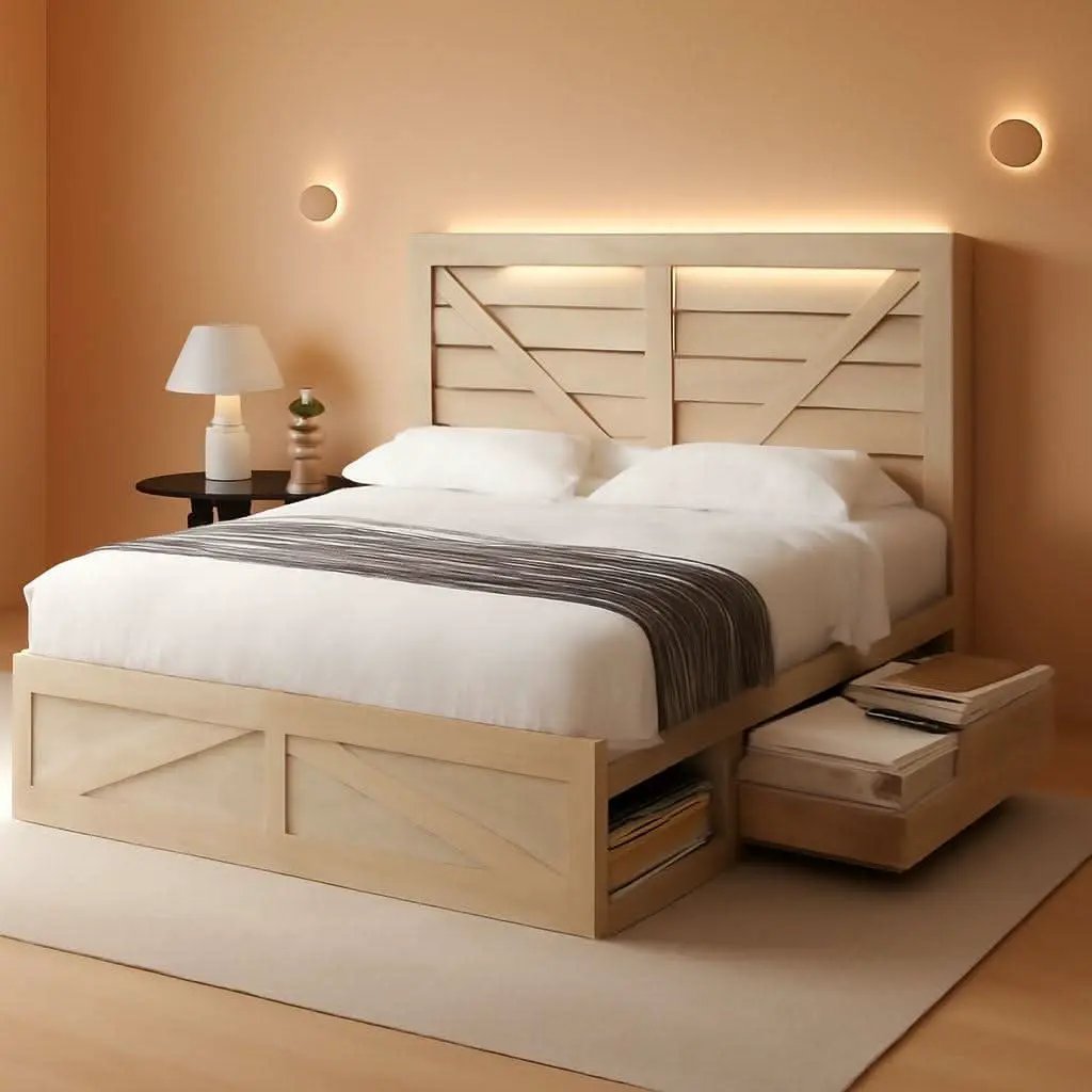 Queen Size Farmhouse Storage Bed With LED Lighting from PriceLows™