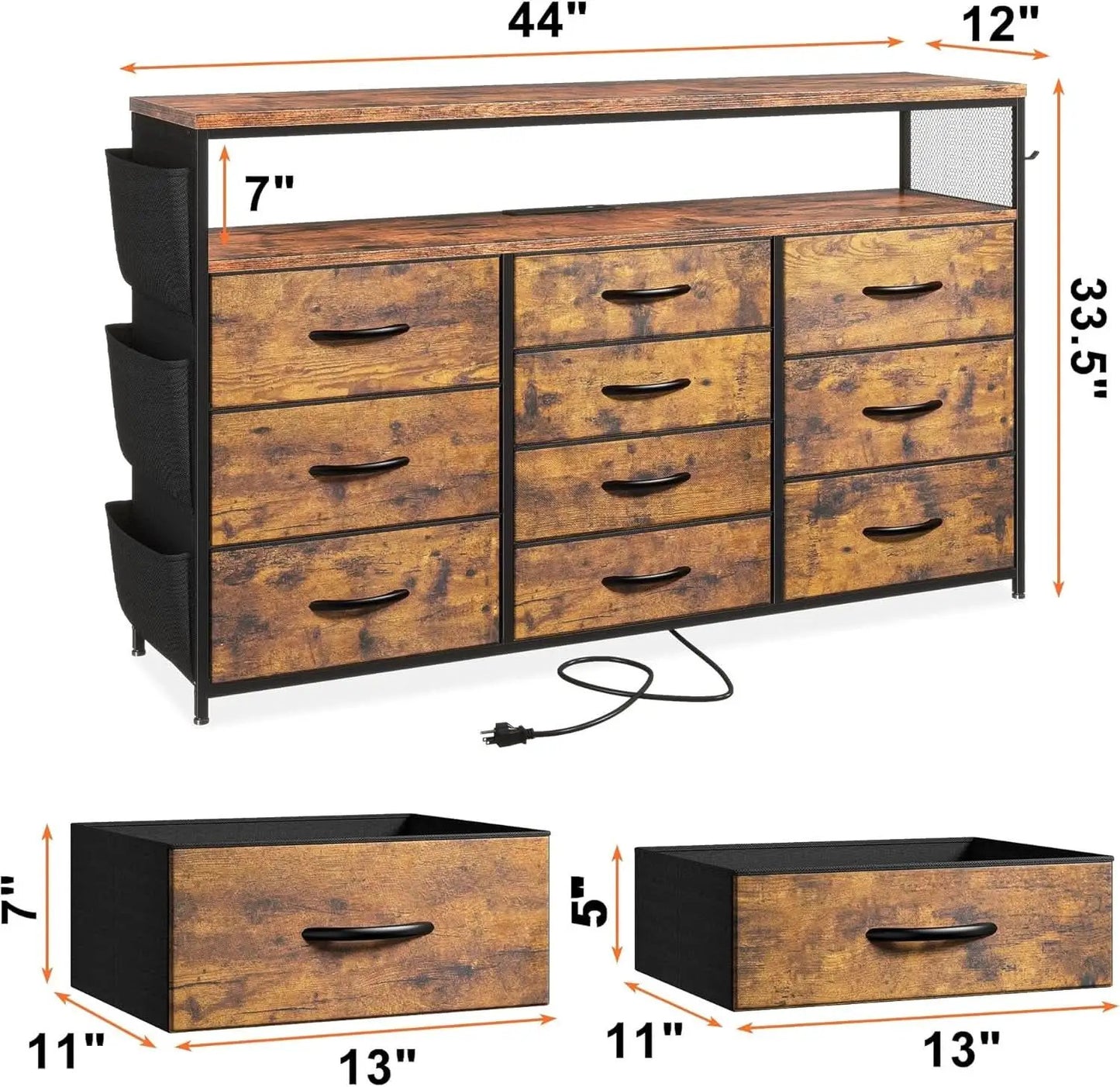Dresser TV Stand 55 Inch 10 Drawers Rustic Brown Storage from PriceLows™