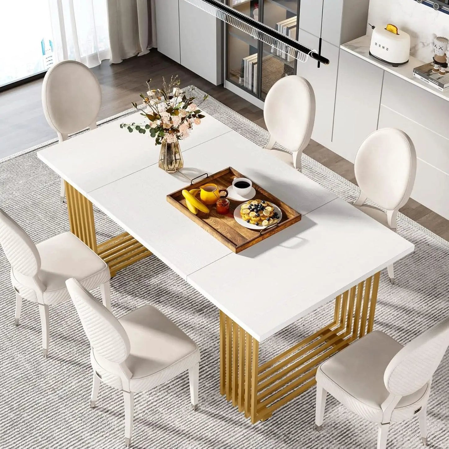 White Gold Wood Dining Table 70 Inch Rectangular For Dining Room from PriceLows™