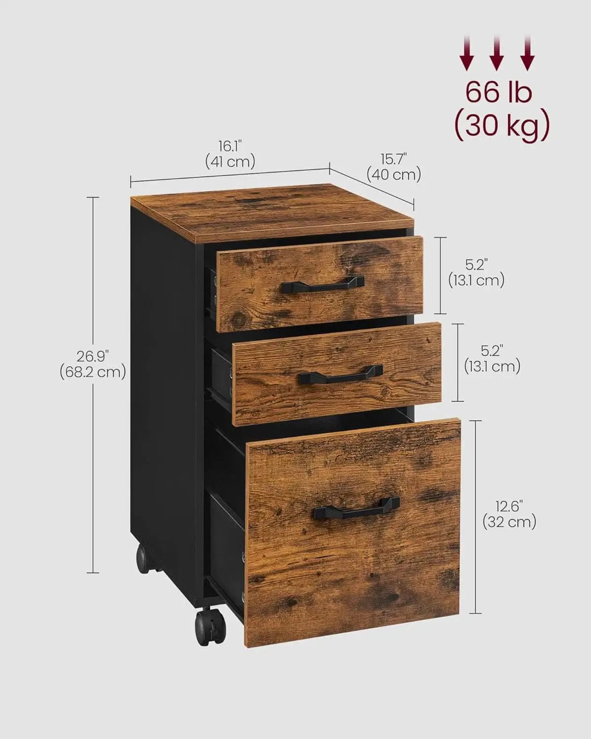 Three Drawer File Cabinet With Wheels For A4 And Letter Documents Rustic Brown from PriceLows™