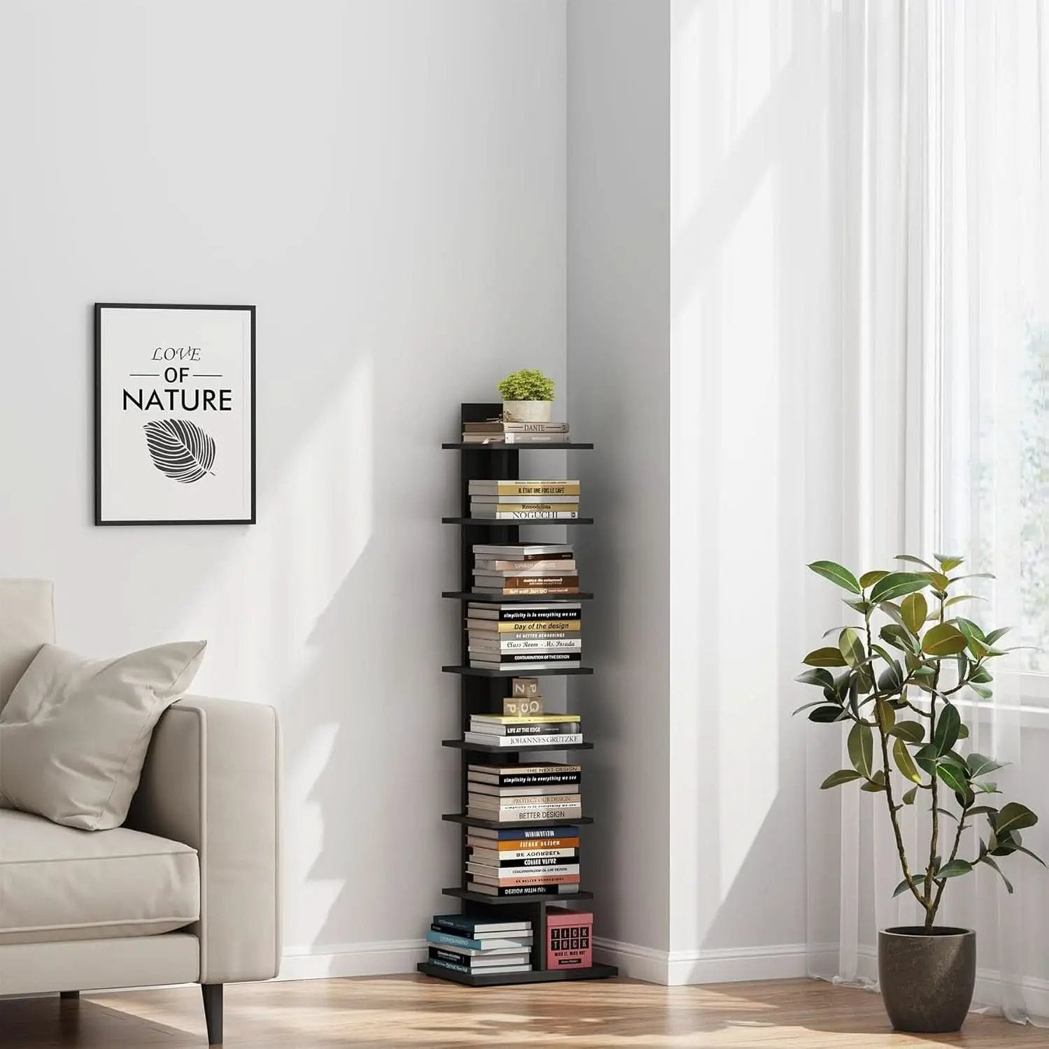 Vertical 8 Tier Bookshelf Black For Small Spaces Bookcase from PriceLows™