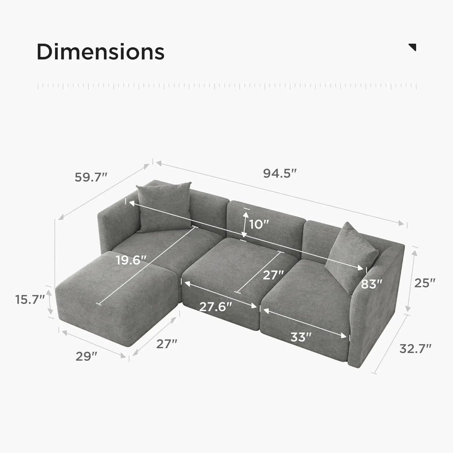 L Shaped Sectional Sofa Convertible In Linen Grey Modern from PriceLows™