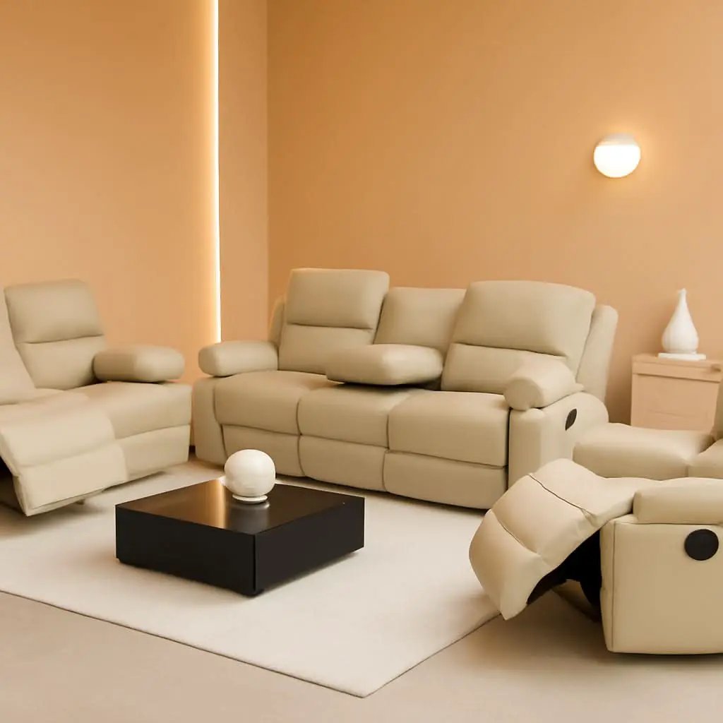 Beige 3 Piece Manual Recliner Sofa Set With Cup Holders from PriceLows™
