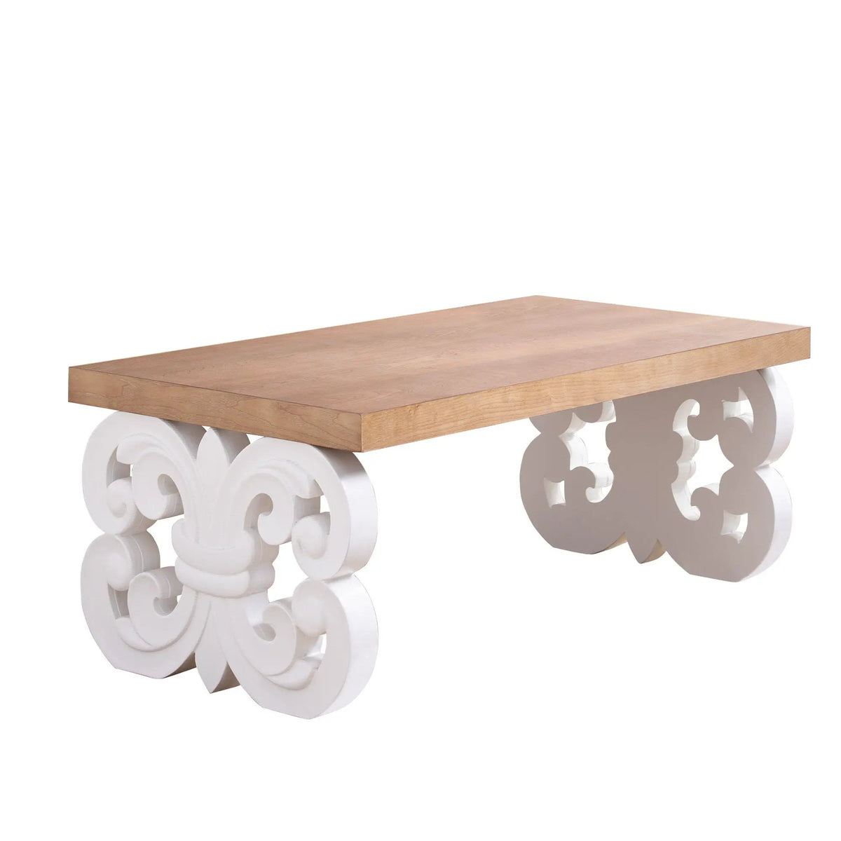 Farmhouse Coffee Table | Ornate Scroll Base | Natural Wood Top | Intricately Carved