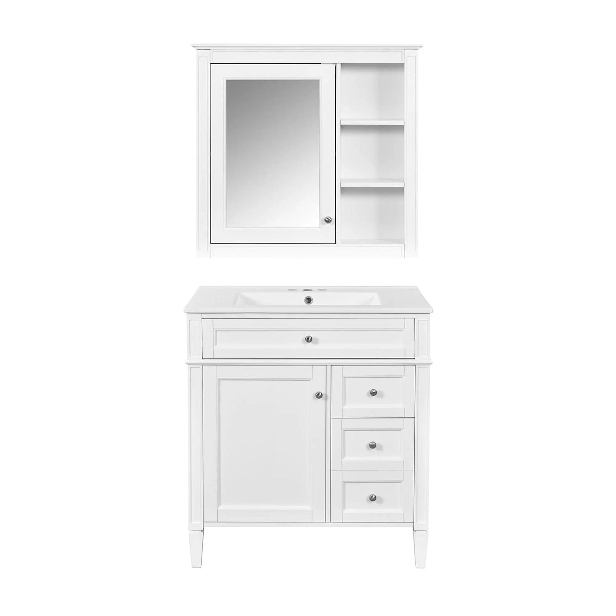 Bathroom Vanity With Top Sink, 2 Doors And 3 Drawers, Freestanding Set With Mirror | Vanity & Cabinet | Solid Wood & Ceramic | Bathroom