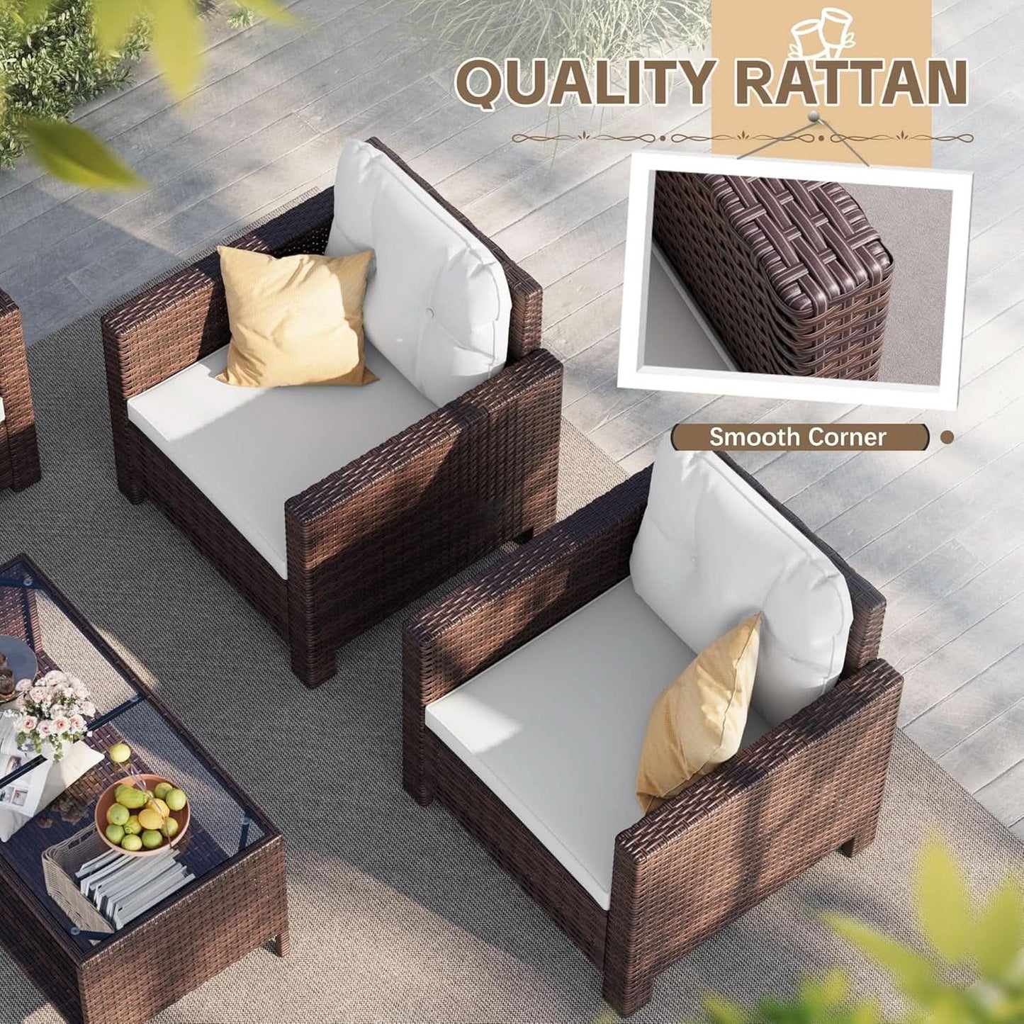 4 Piece Patio Rattan Furniture Set Beige Cushions Outdoor from PriceLows™