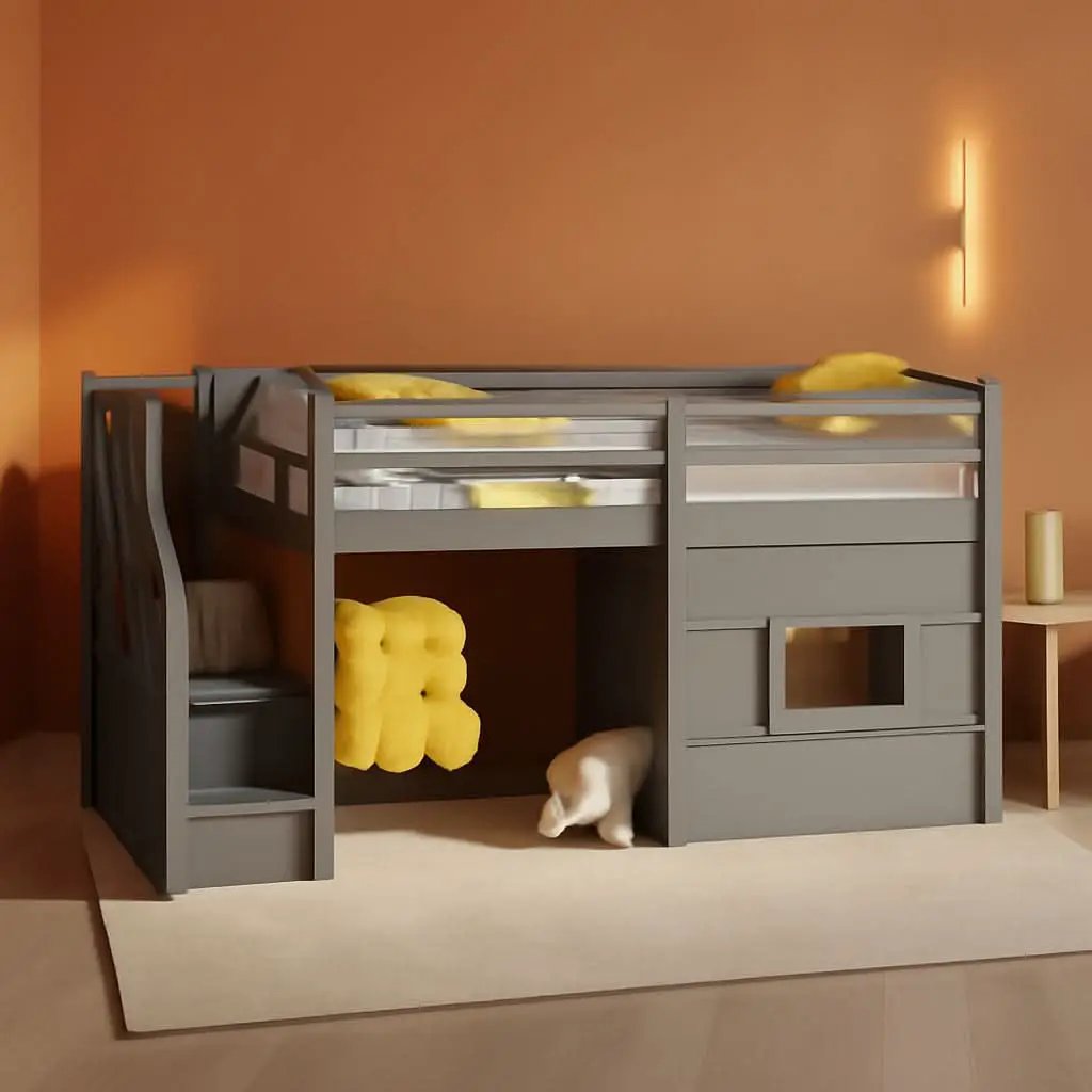 Twin Size Low Loft Bed In Gray With Stairs Storage from PriceLows™