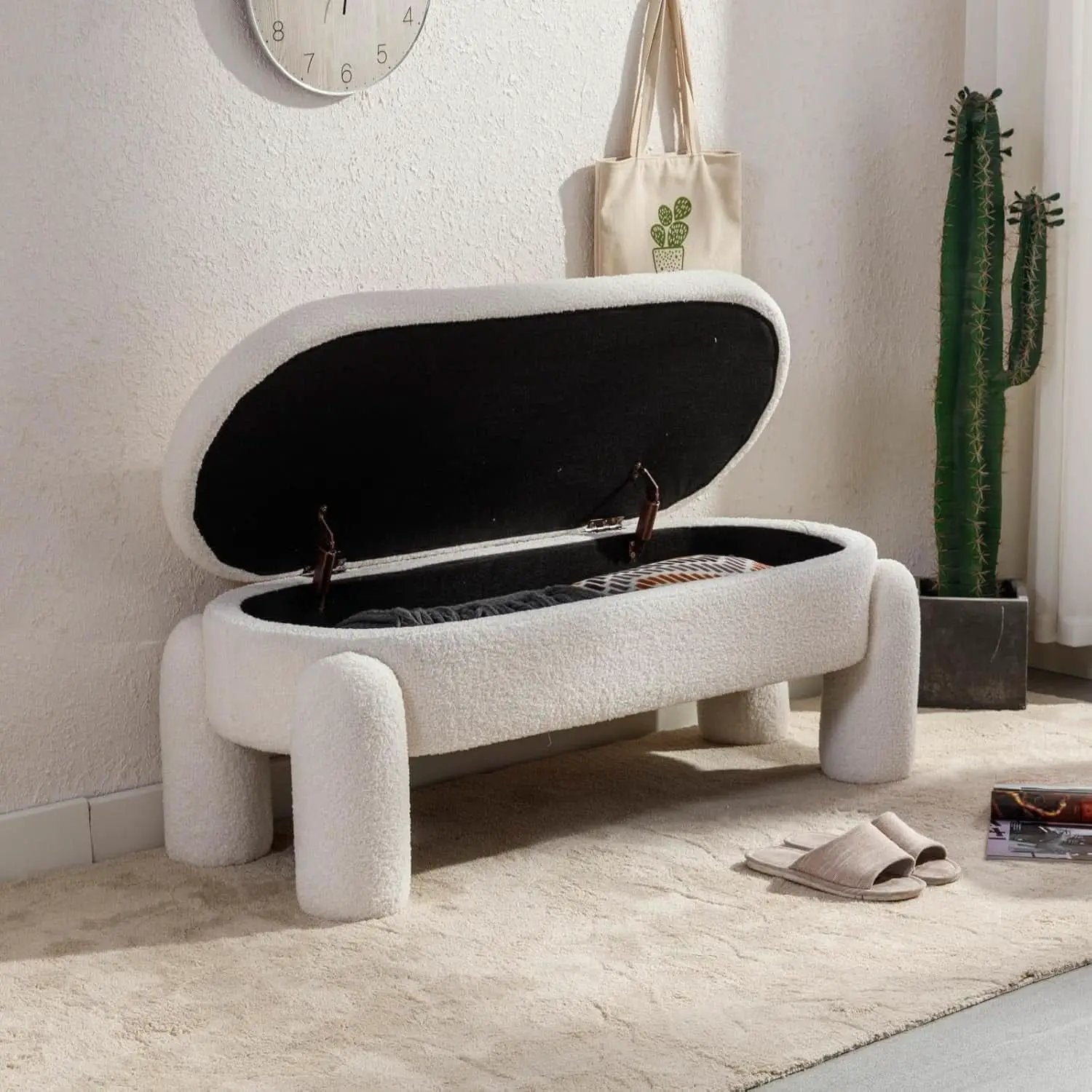 44.7-Inch White Boucle Upholstered Storage Ottoman Bench from PriceLows™