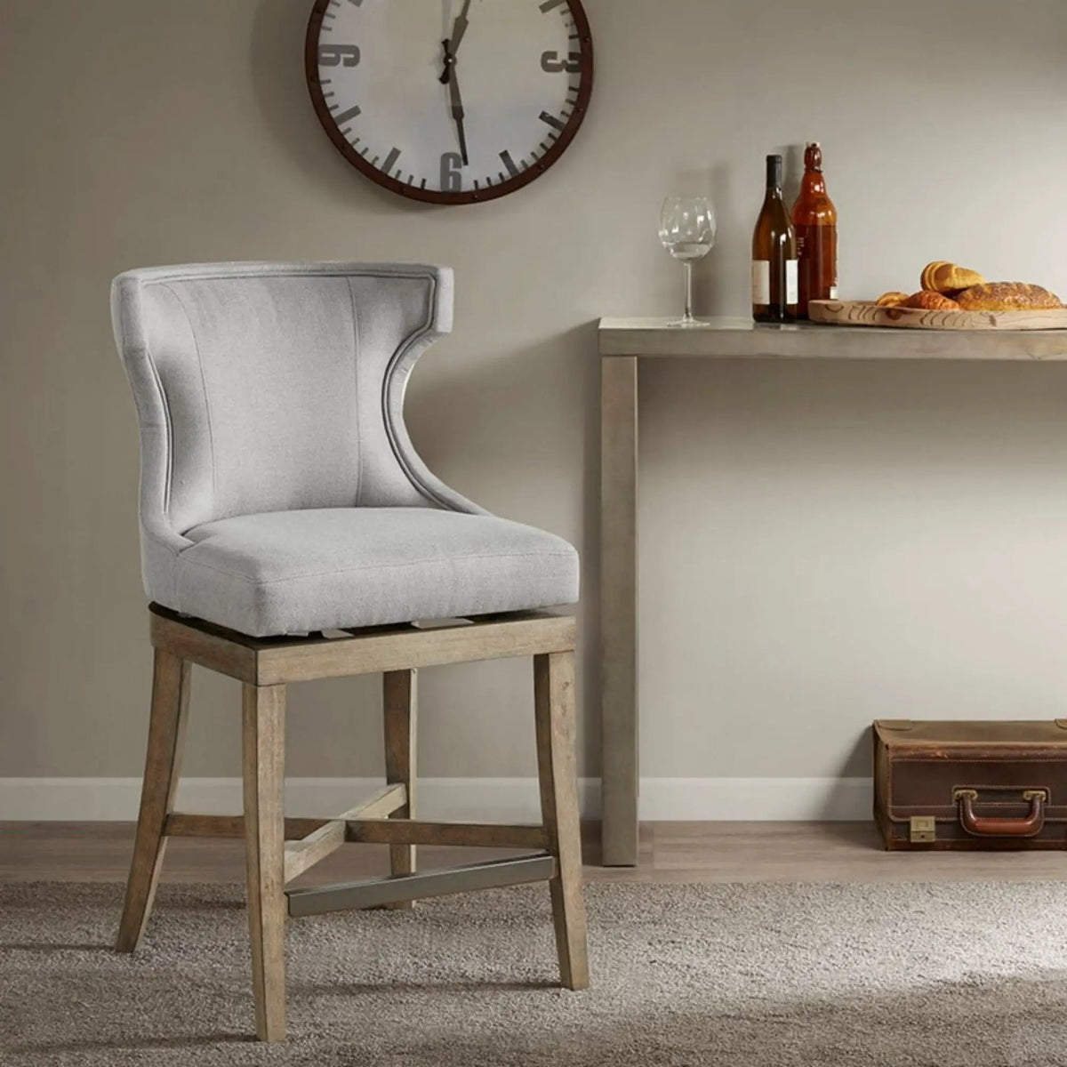 Carson Swivel Counter Stool | Wingback Shape | Piping Details | Solid Wood Legs
