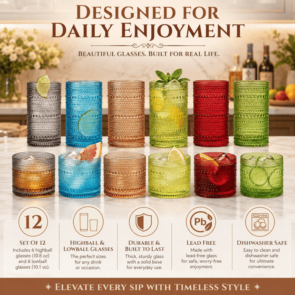 Fortuna Hobnail Lowball & Highball Glassware | 10 oz | Set of 12 | Highball & Lowball