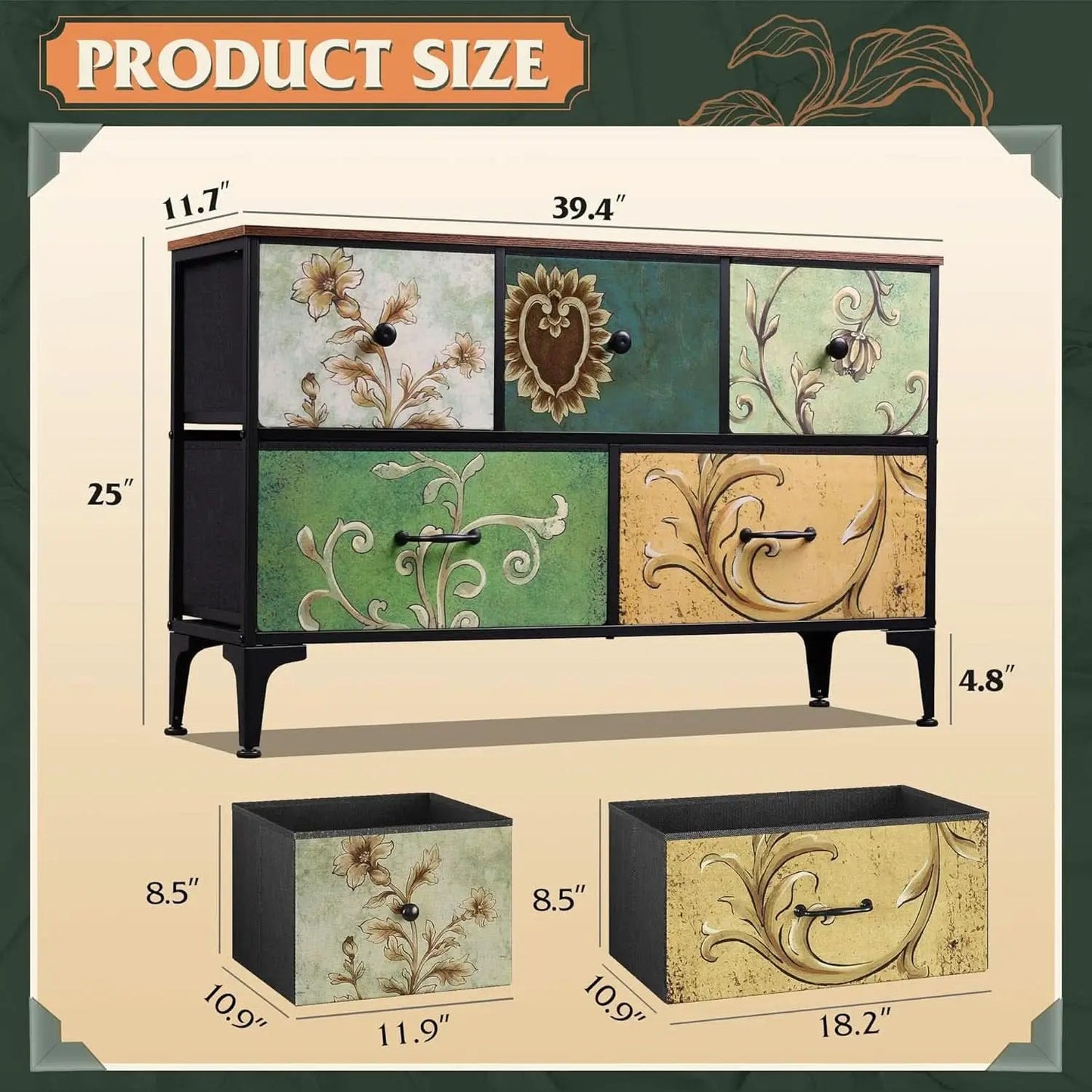 Floral Painted Dresser With 5 Drawers And Fabric Bins from PriceLows™
