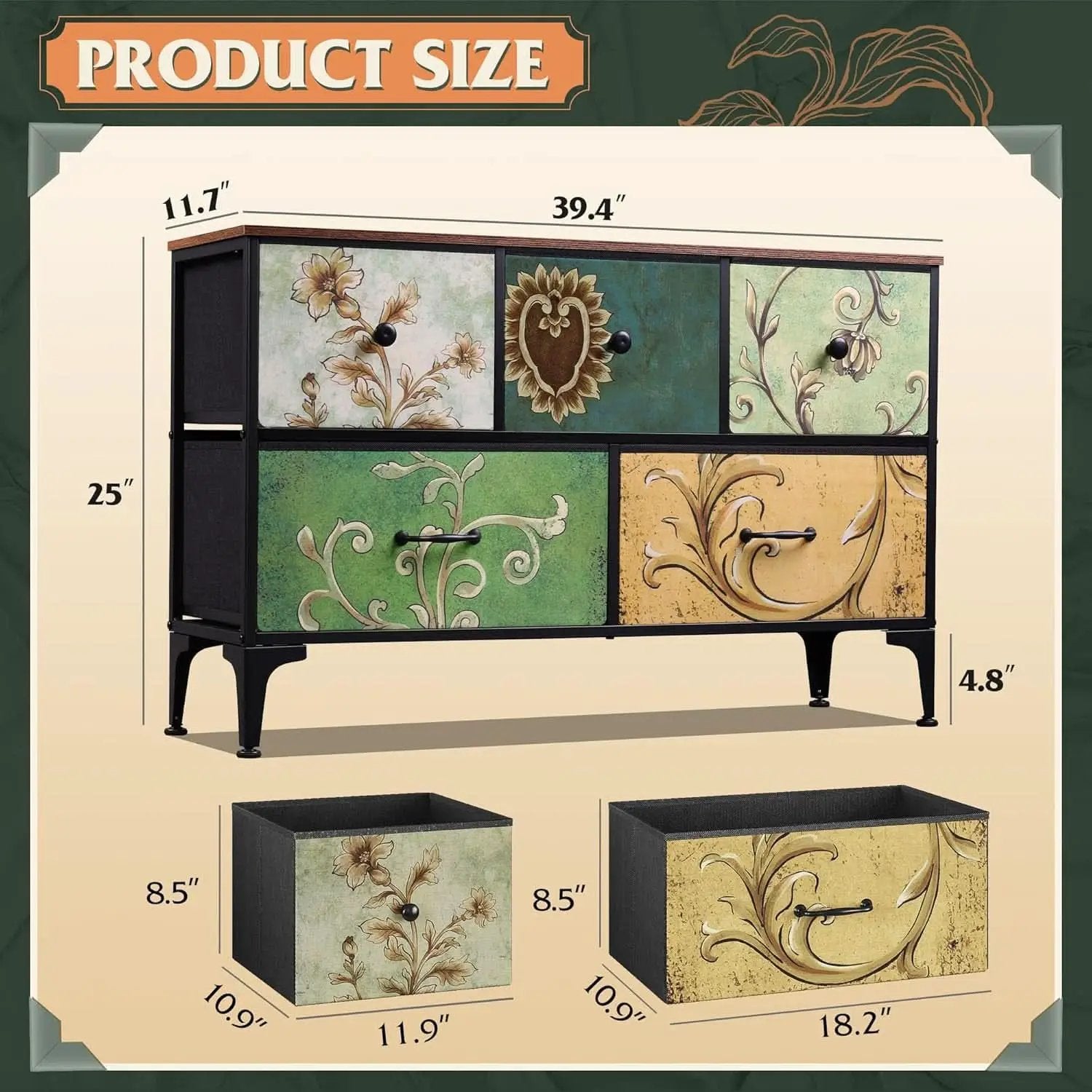 Floral Painted Dresser With 5 Drawers And Fabric Bins from PriceLows™