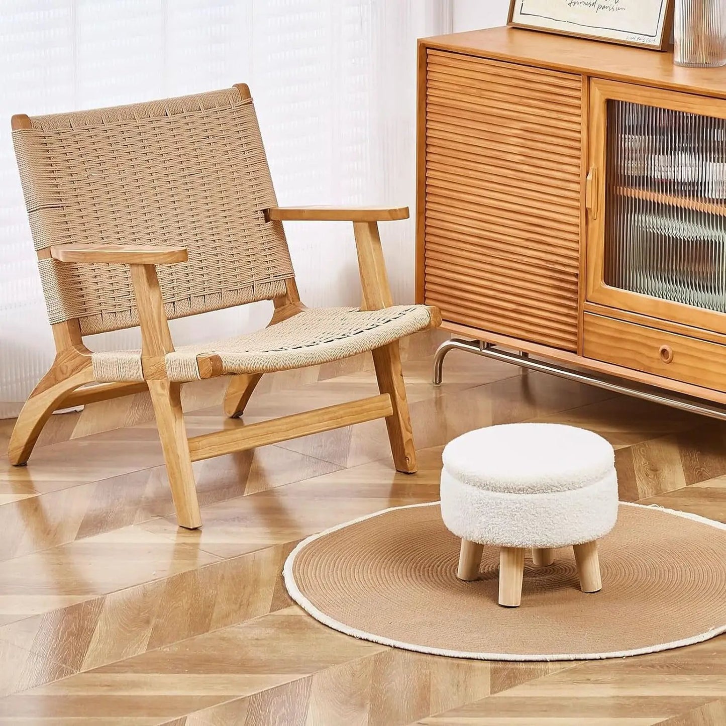 Cream Velvet Round Storage Ottoman With Solid Wood Legs