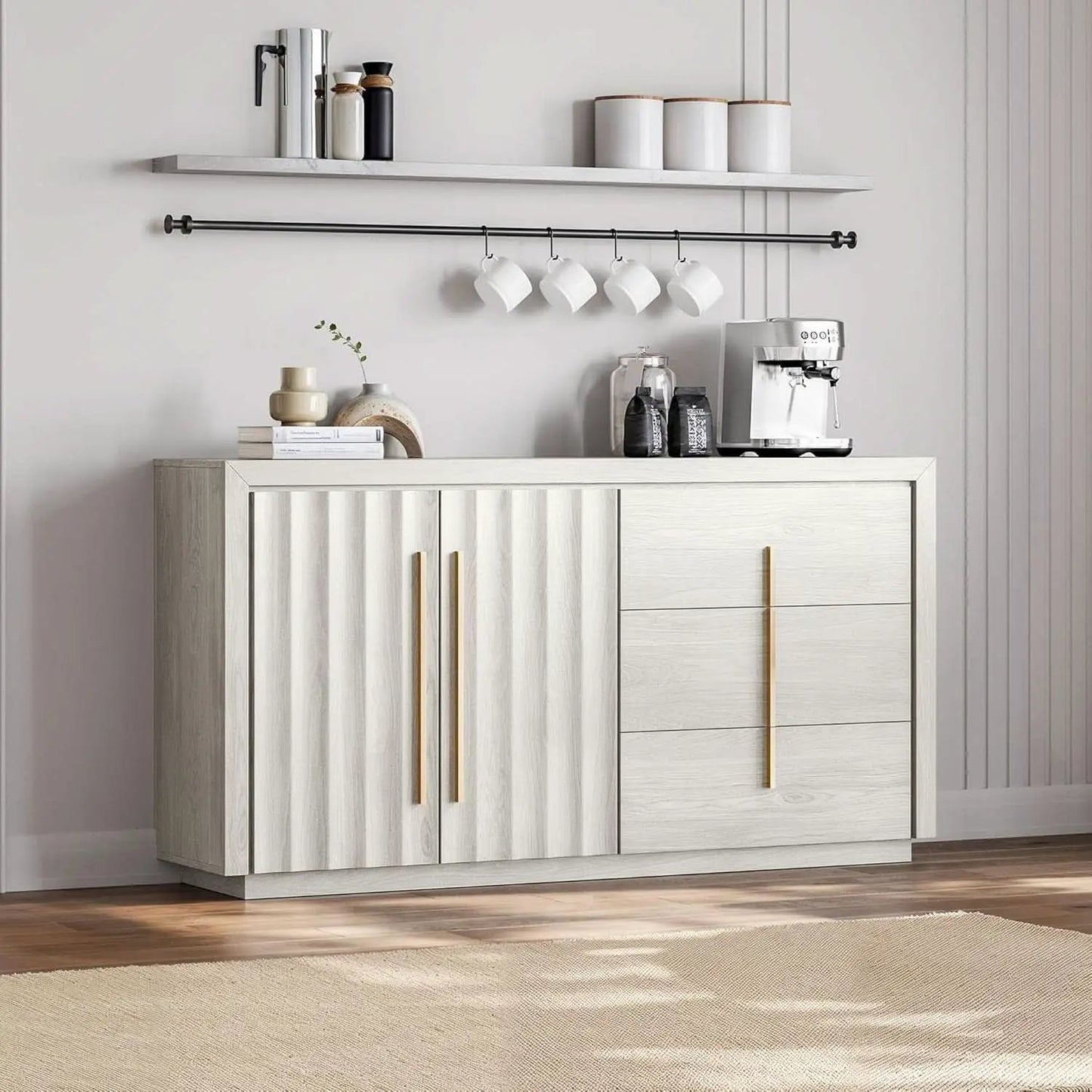 64 Inch Modern Industrial Sideboard Cabinet White Sand from PriceLows™