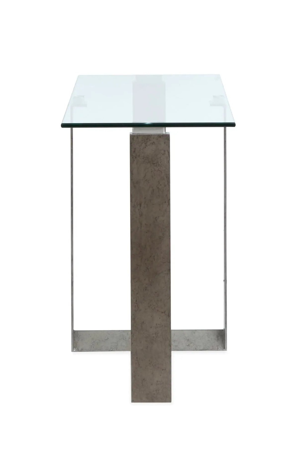 Holden Rectangular End Table | Aged Pewter Metal Frame | Tempered Glass Top | Triangular Base