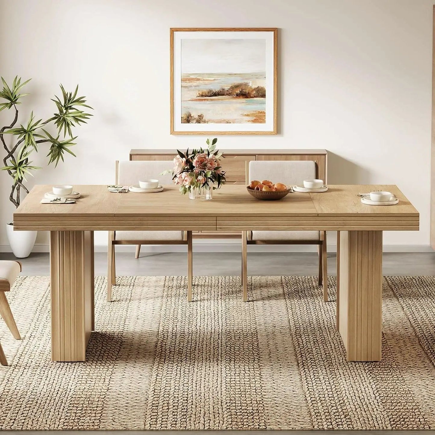 63 Inch Farmhouse Dining Table Seats 6 With Fluted Lines from PriceLows™