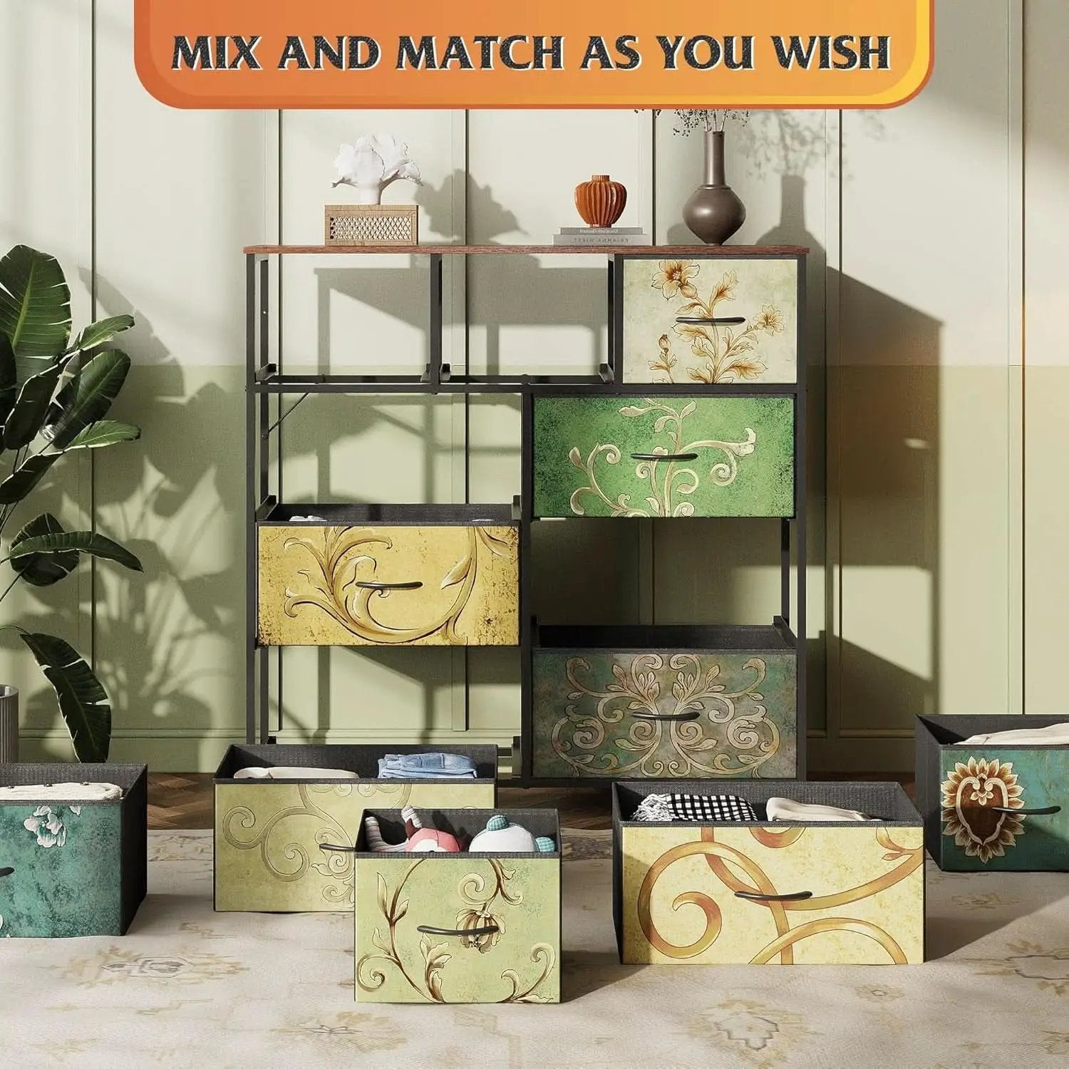 9 Drawer Dresser With Fabric Bins Floral Pattern Wood Top from PriceLows™