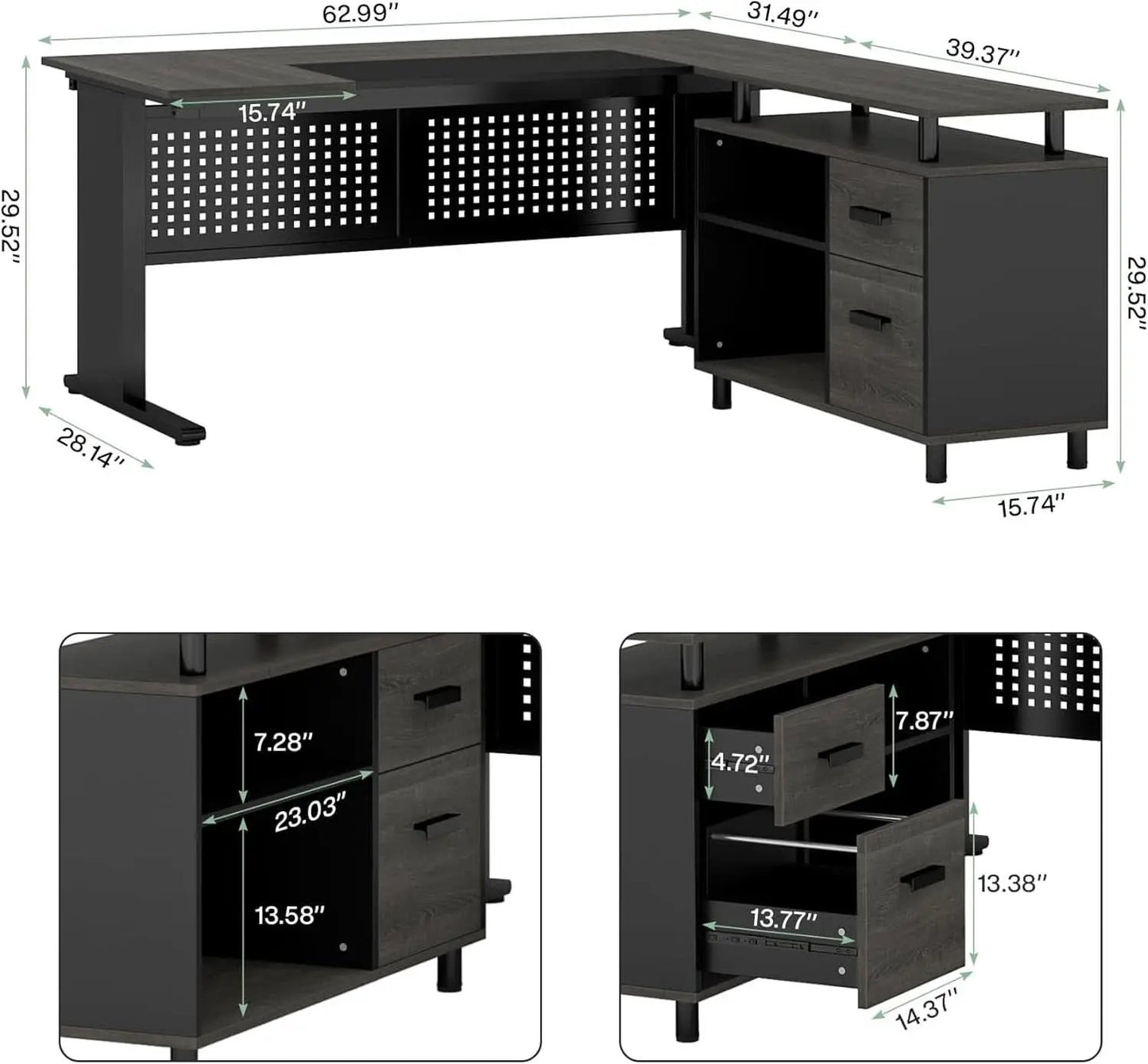 63 Inch Executive Desk With Integrated Cabinet Gray from PriceLows™