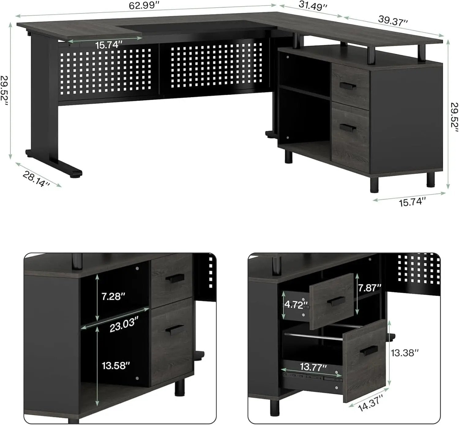 63 Inch Executive Desk With Integrated Cabinet Gray from PriceLows™