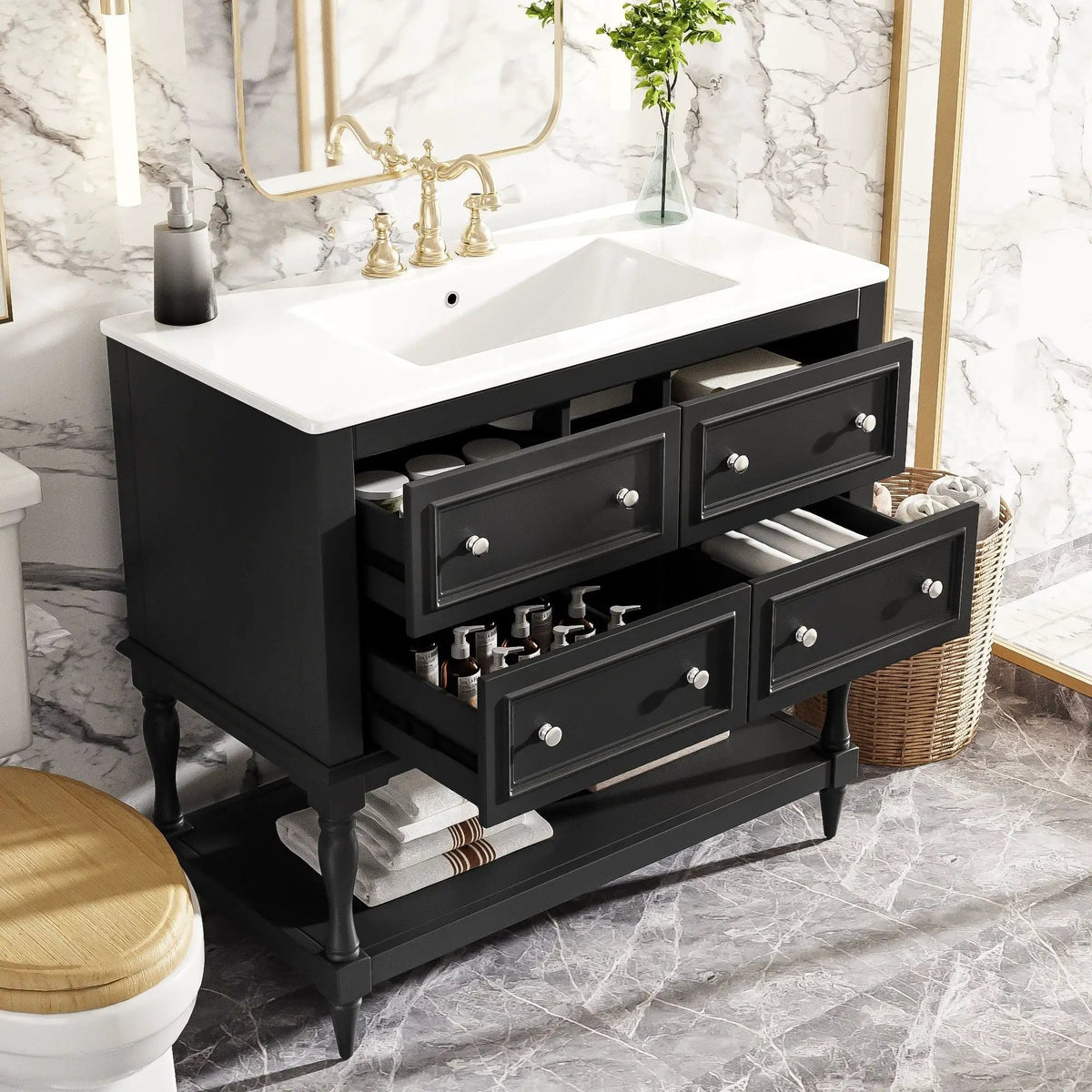36 Inch Bathroom Vanity With Undermount Sink | 4 Extension Drawers | Solid Wood Frame | Ceramic Sink